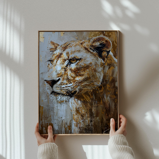 A person's hands are holding a framed painting of a lion's face, which is hanging on a wall.