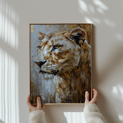 A person's hands are holding a framed painting of a lion's face, which is hanging on a wall.