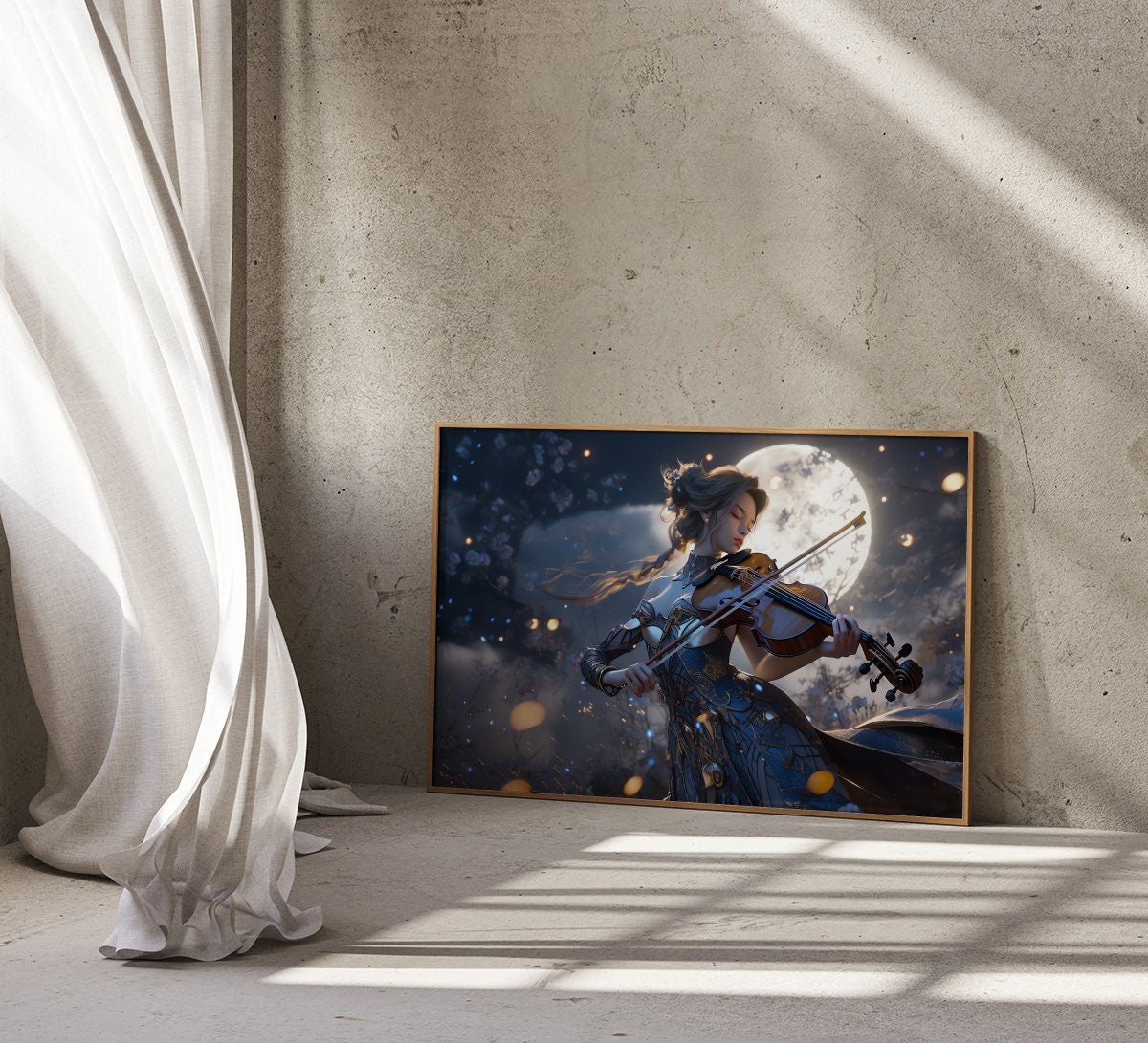 Lunar Sonata: Elegant Violinist in Moonlight Art Print | Romantic & Serene Framed Wall Decor