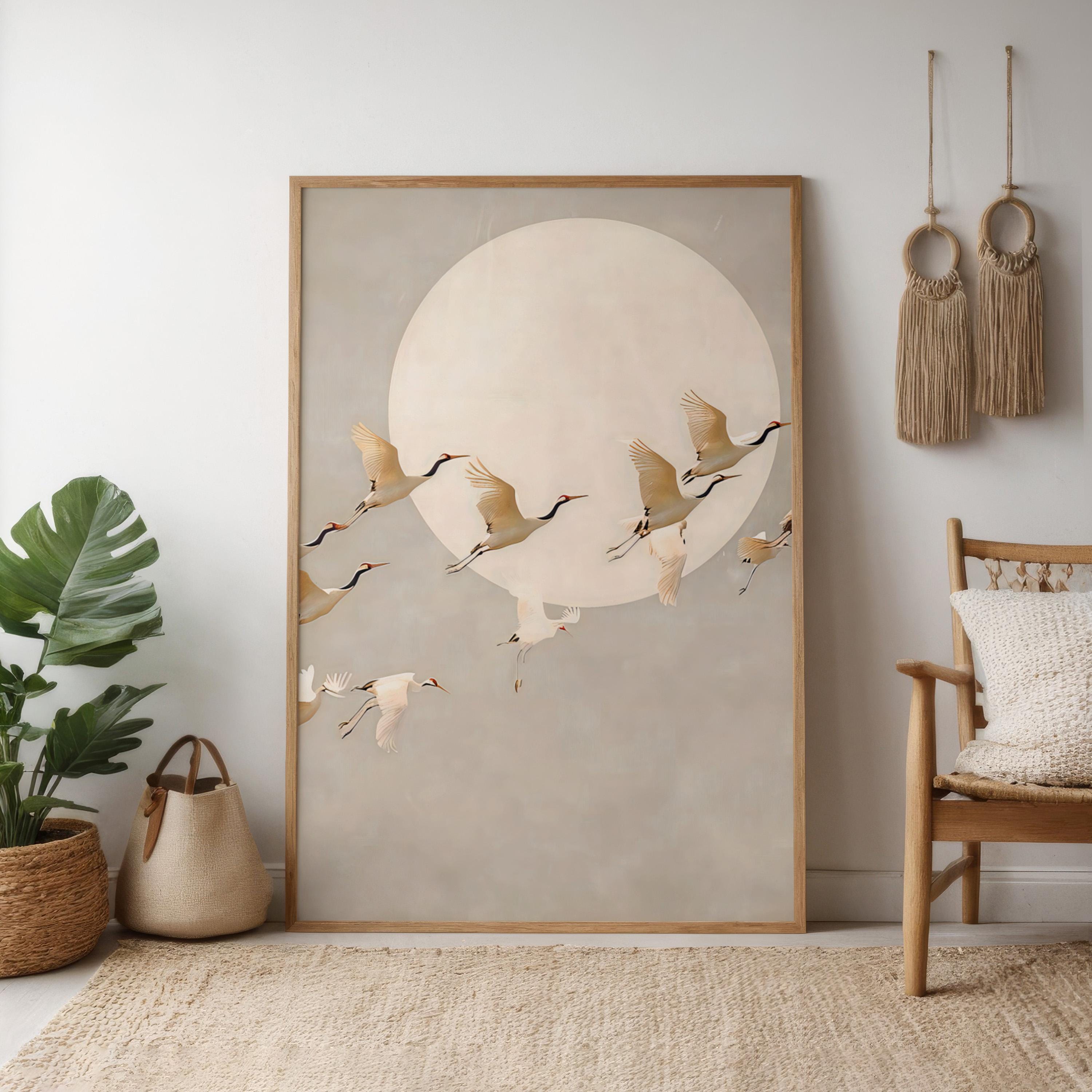 Moonlit Cranes: Serene Japanese Inspired Art | Ethereal Crane & Moon Wall Decor
