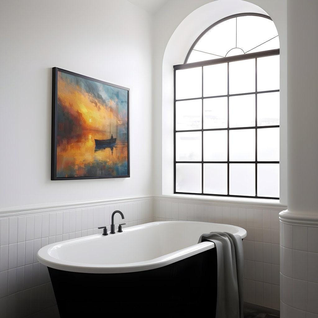 Sunset Solitude: Serene Lone Boat Canvas Art | Tranquil Orange & Blue Lake Decor