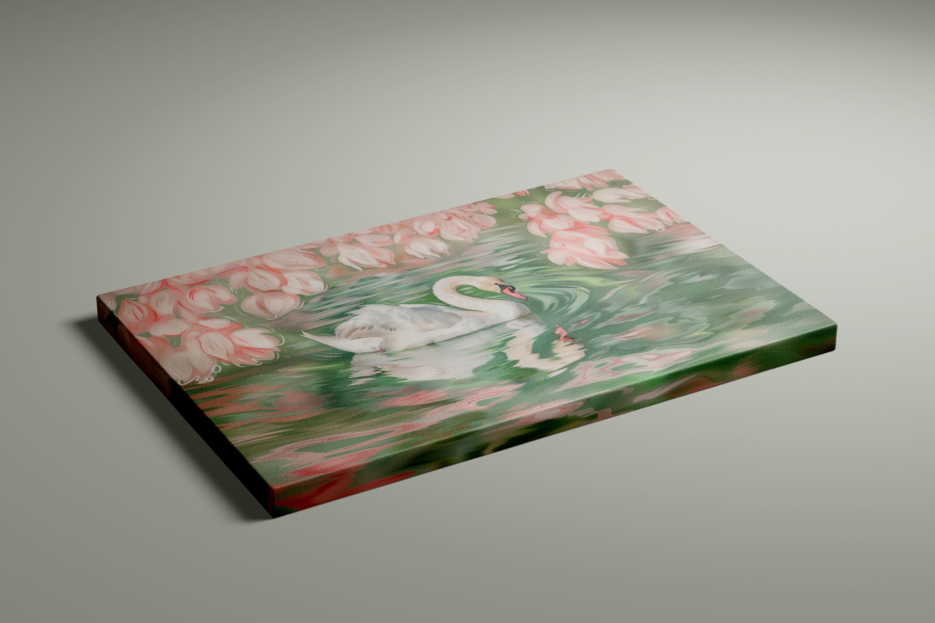 Swan Wall Art: Soft Pink Green Illustration - Calm Nature Scene