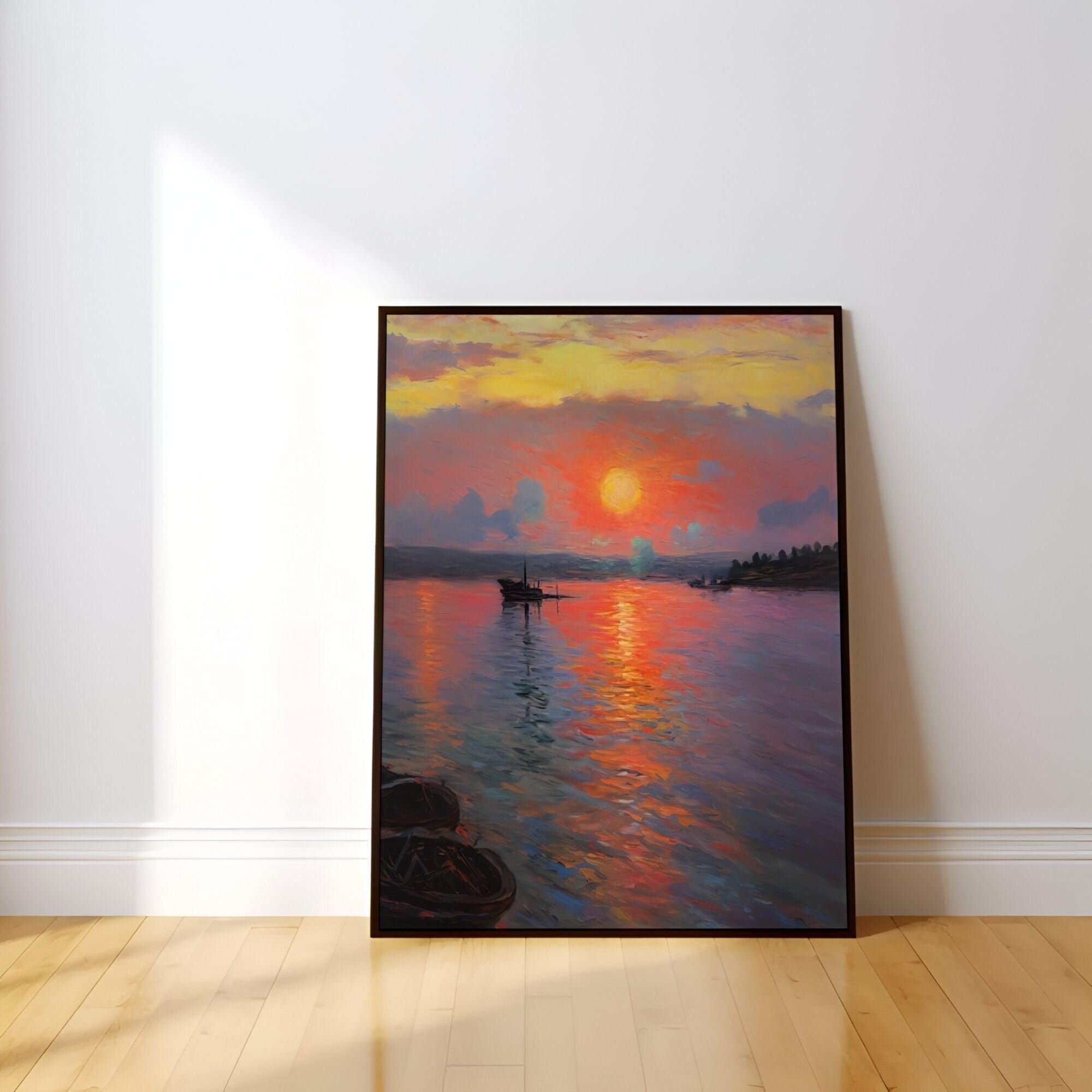 Impressionist Sunset Canvas, Minimalist Lake View (Multiple Sizes)