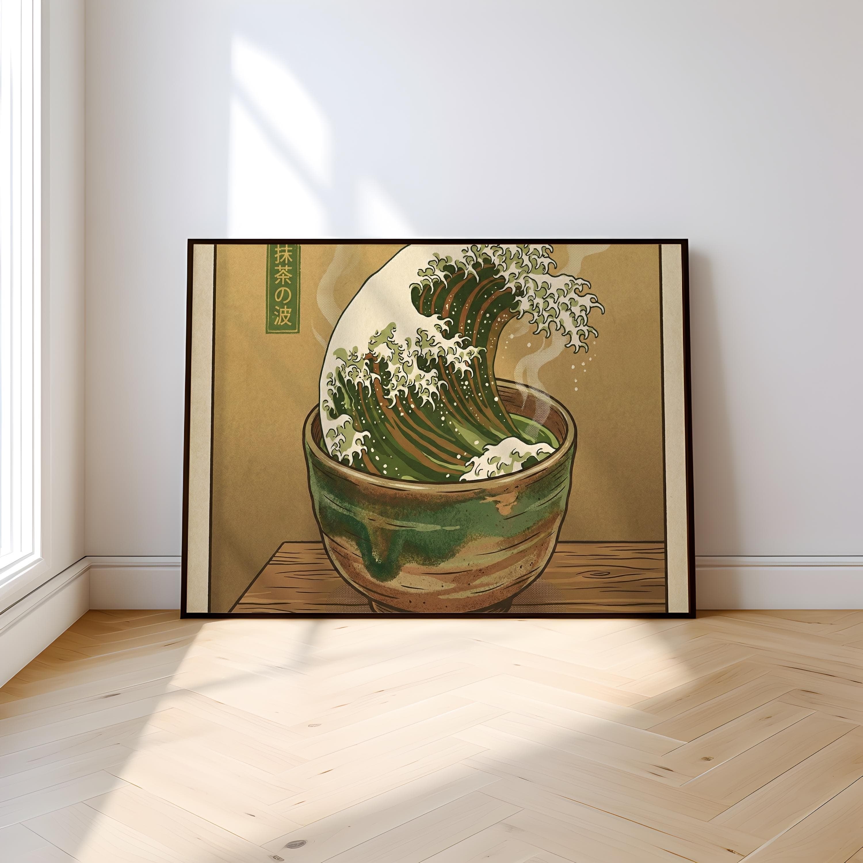 Great Wave Tea Cup Art - Surreal Matcha Print in Sea Foam Green