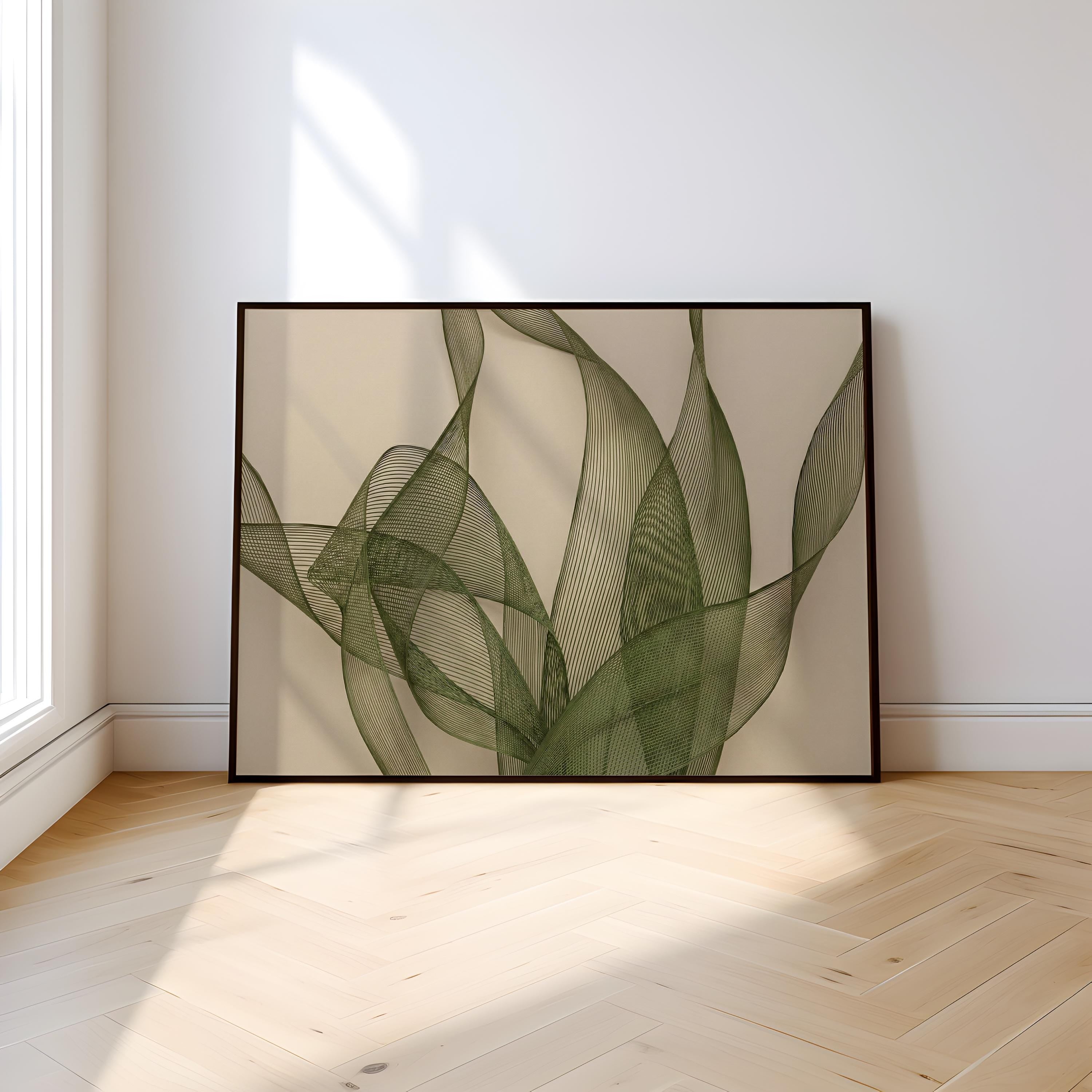 Abstract Olive Green Wall Art: Modern Sage and Beige Mesh Print
