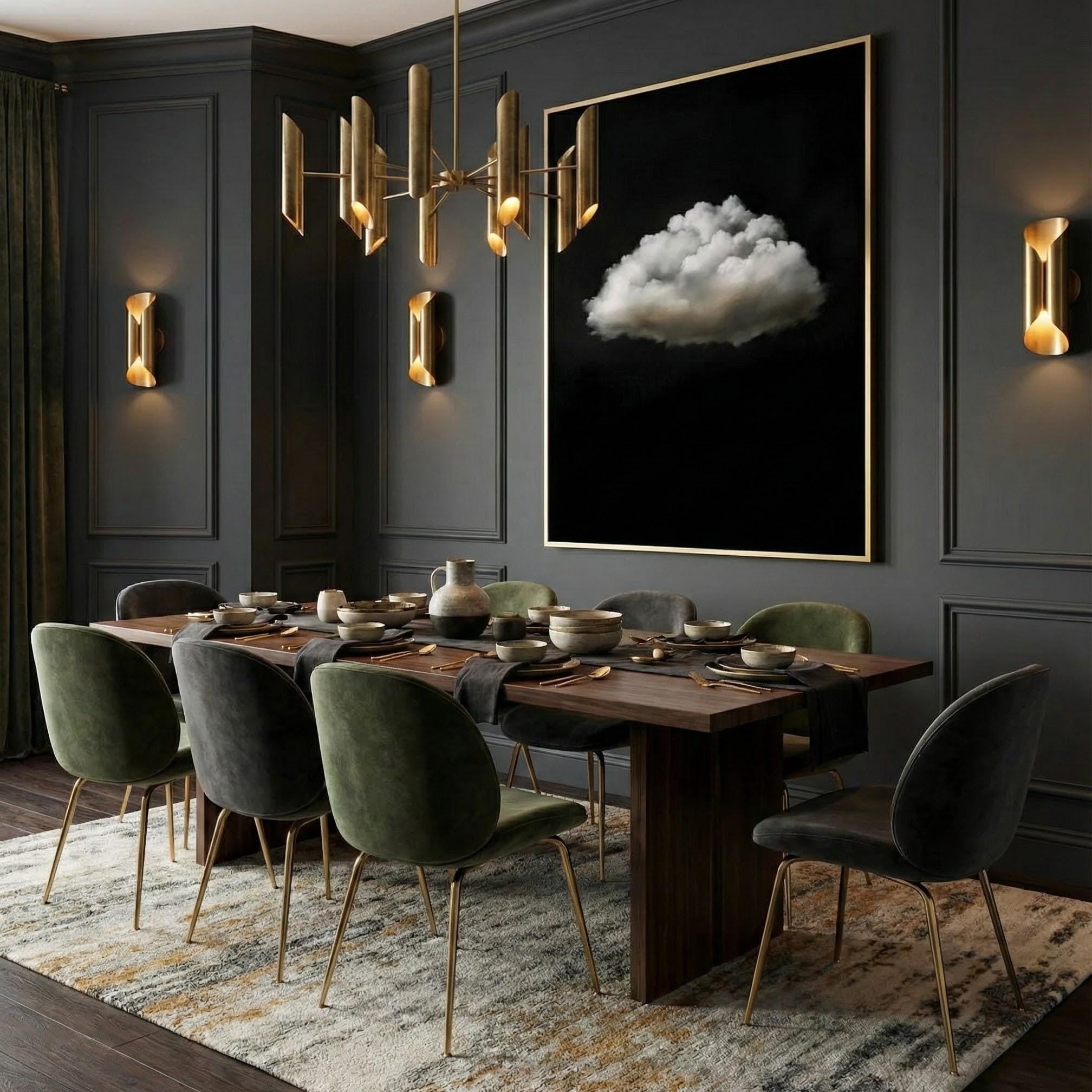 Moody Twilight Wall Art - Vintage Clouds with Retro Green Hues