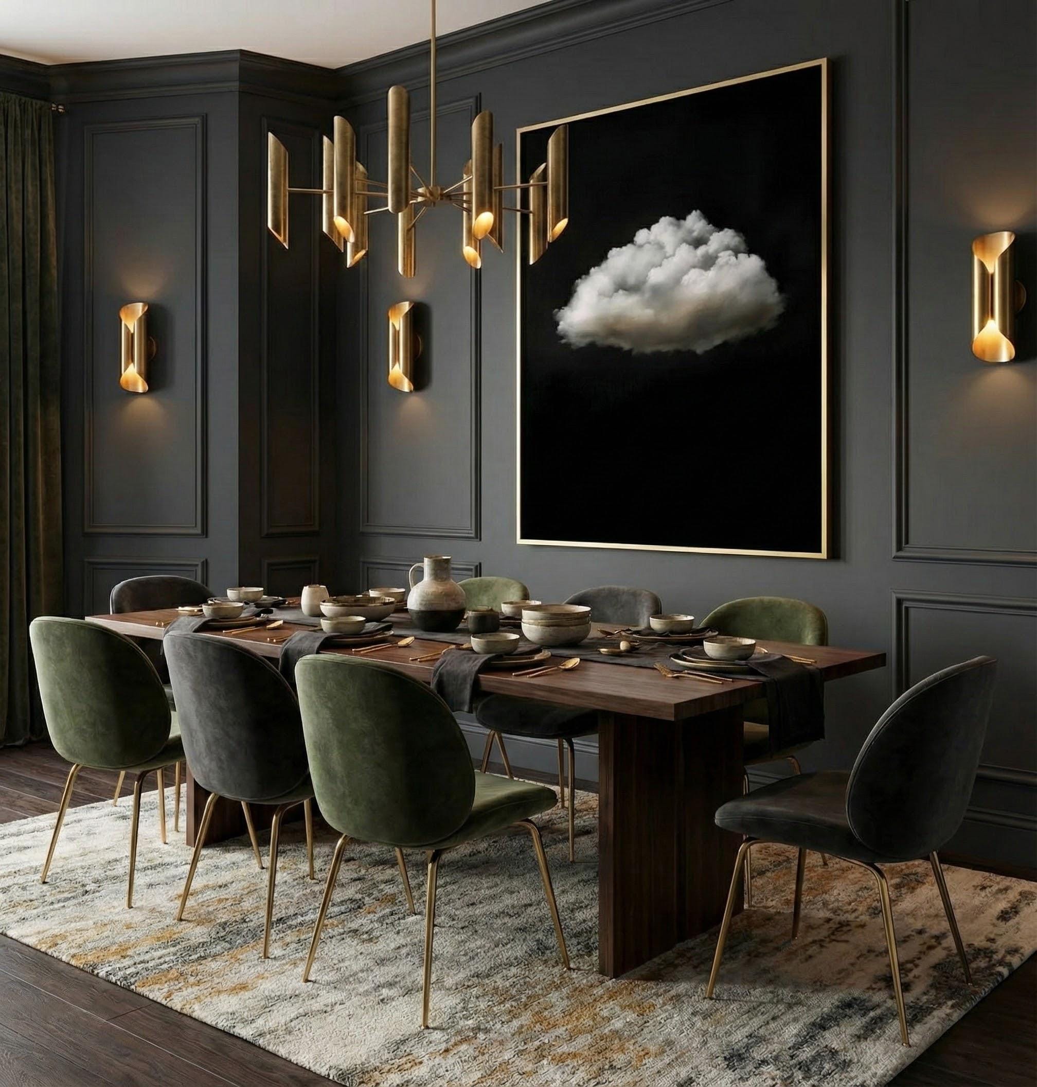 Moody Twilight Wall Art - Vintage Clouds with Retro Green Hues