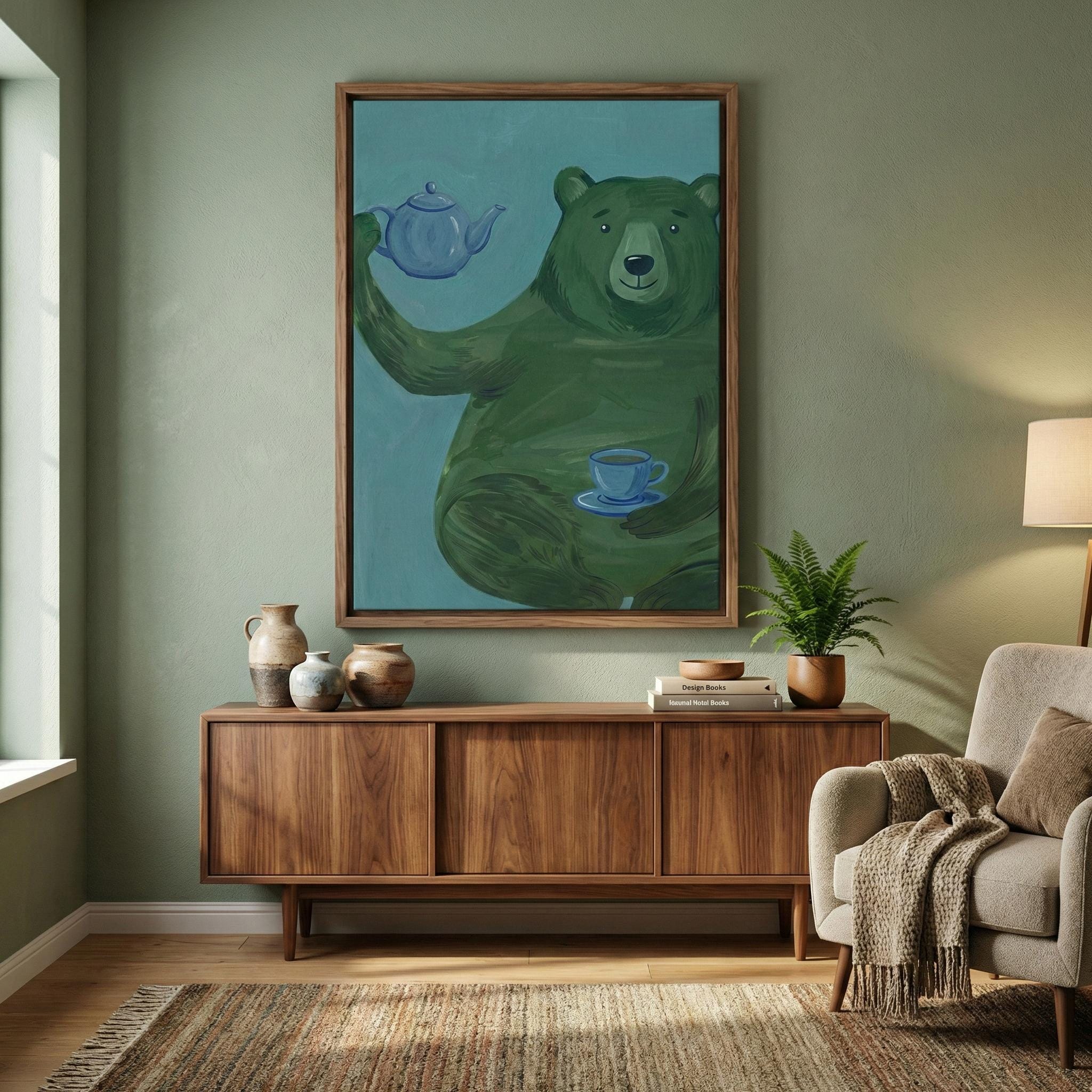 Whimsical Green Bear Wall Art - Playful Tea Party Illustration