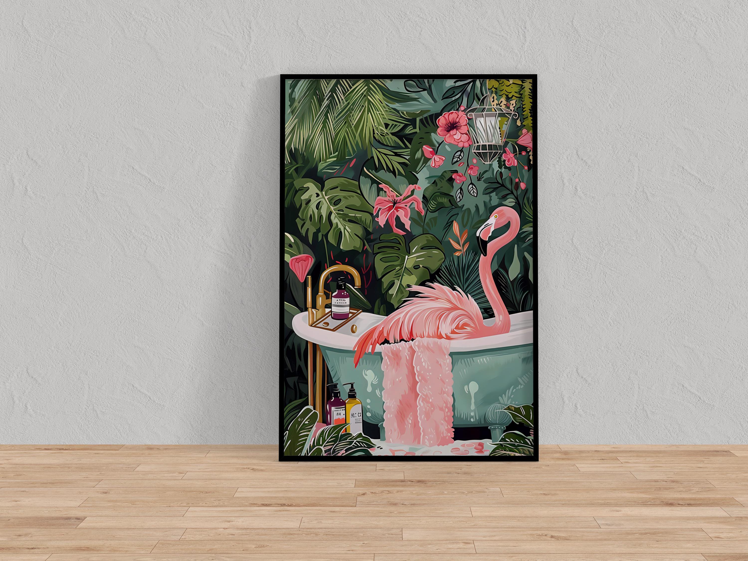 The Jungle Oasis: Whimsical Flamingo in Bathtub Art | Playful & Eclectic Bathroom Decor