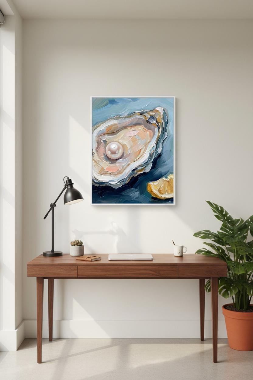 Oyster Shell Print - Coastal Wall Art | Nautical Beach House Decor With Pearl Still Life