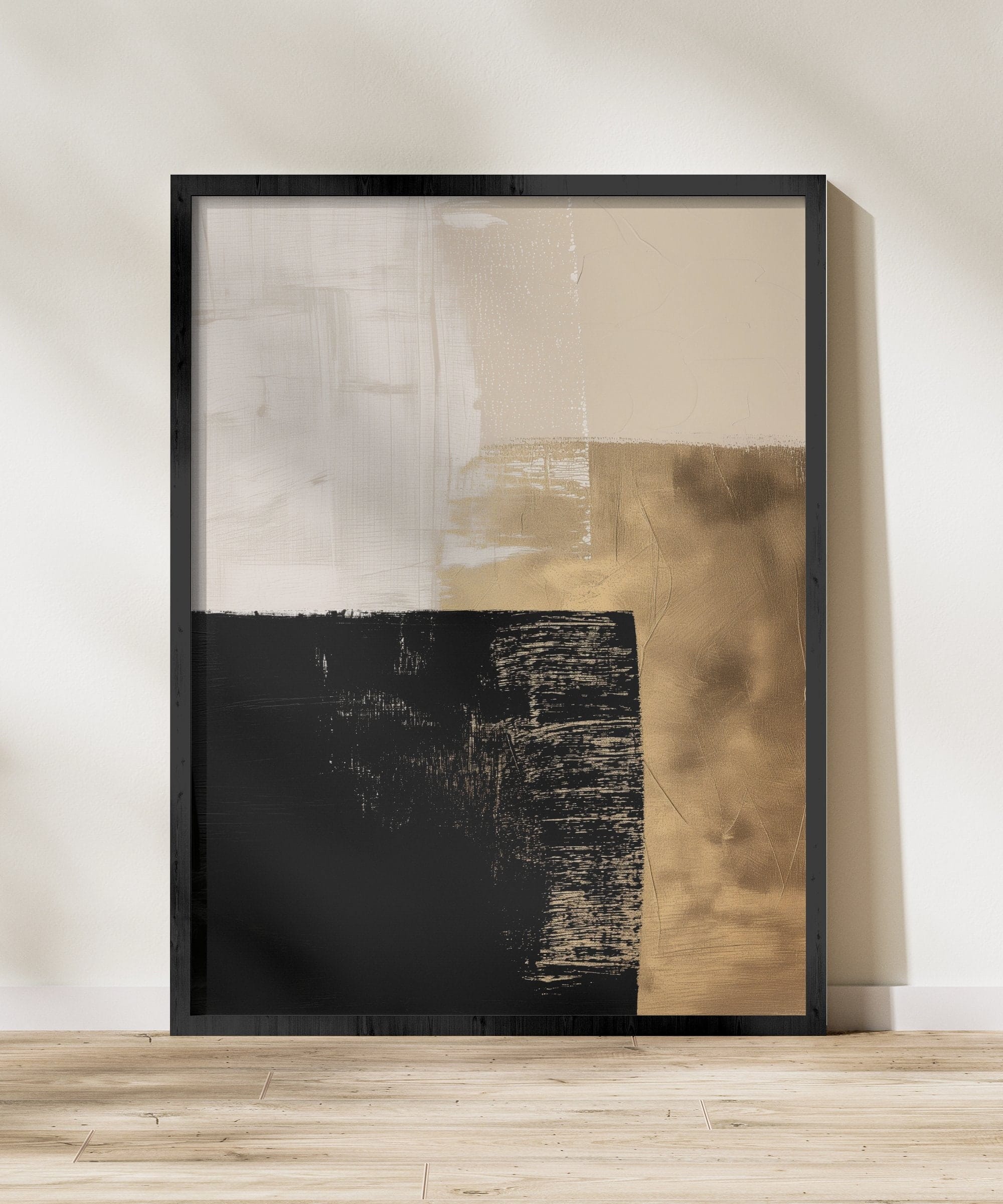 Abstract Canvas Art: Black, Gold, and Beige - Minimalist Decor