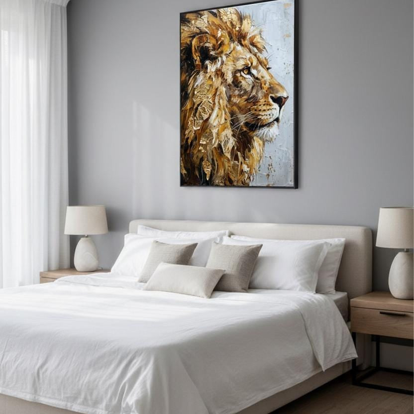 a bedroom with a large bed, white bedding, and a framed painting of a lion's head on the wall above it.