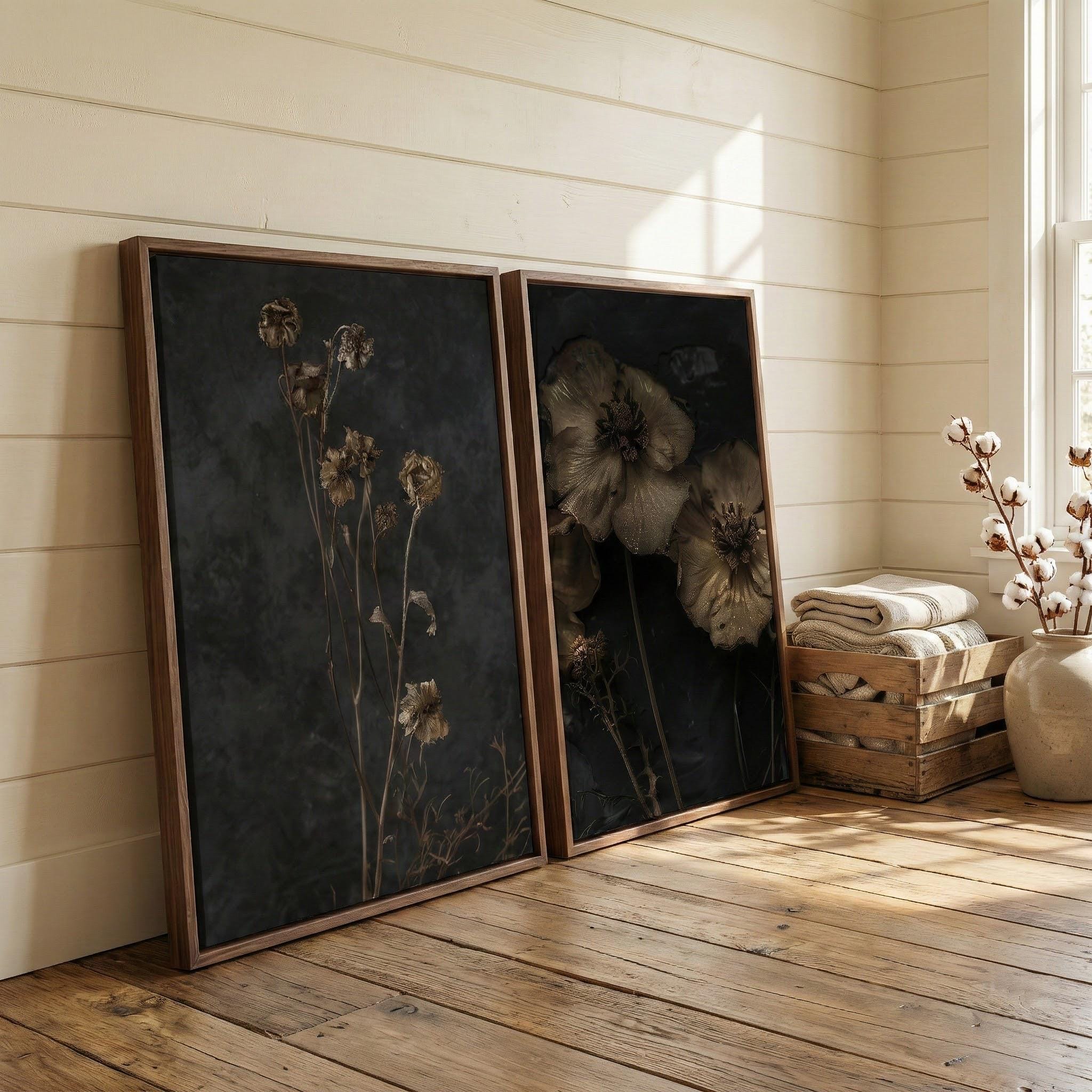 Dark Botanical Prints Set - Moody Wildflowers, Vintage Rustic Style