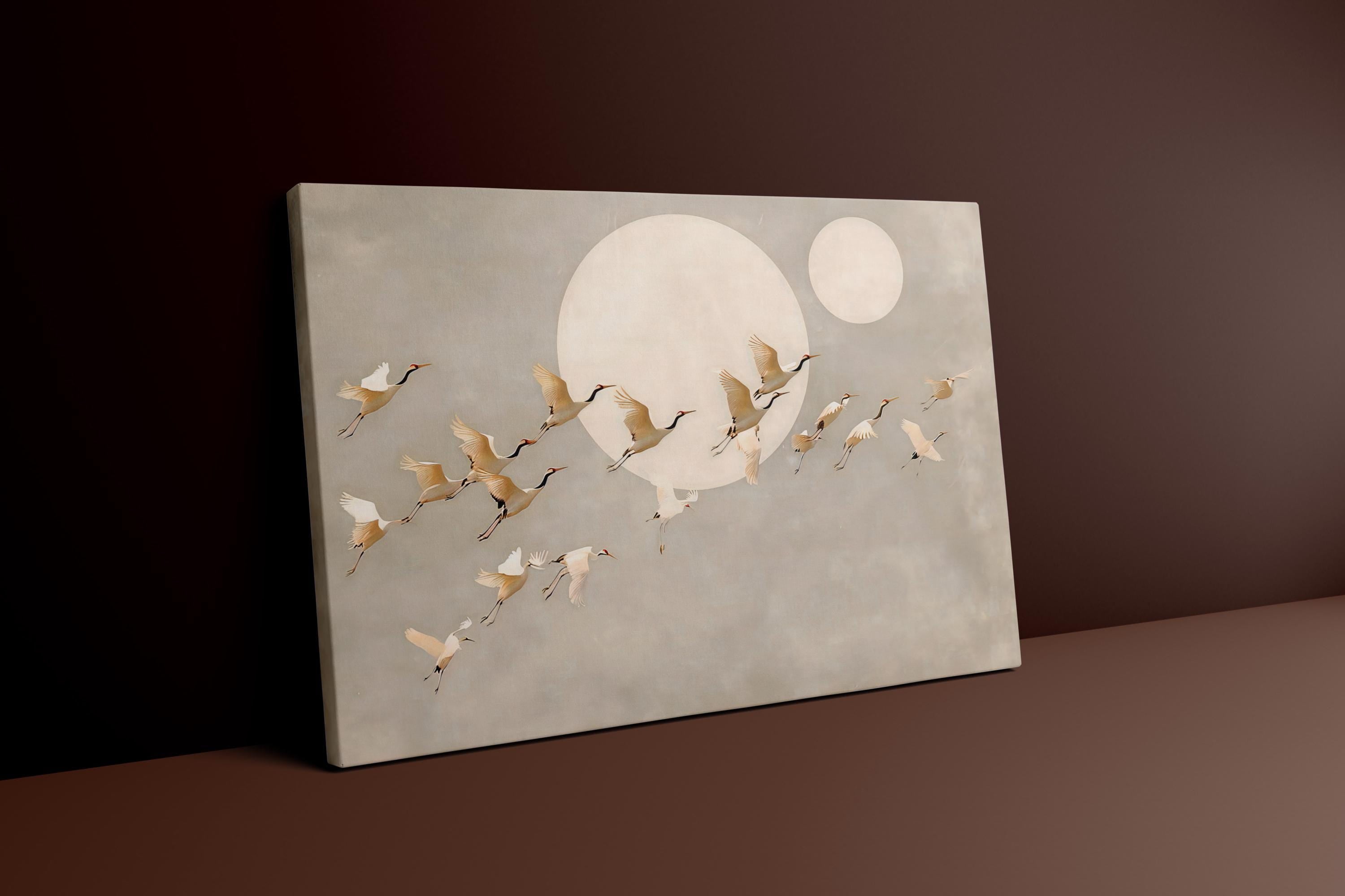 Moonlit Cranes: Serene Japanese Inspired Art | Ethereal Crane & Moon Wall Decor