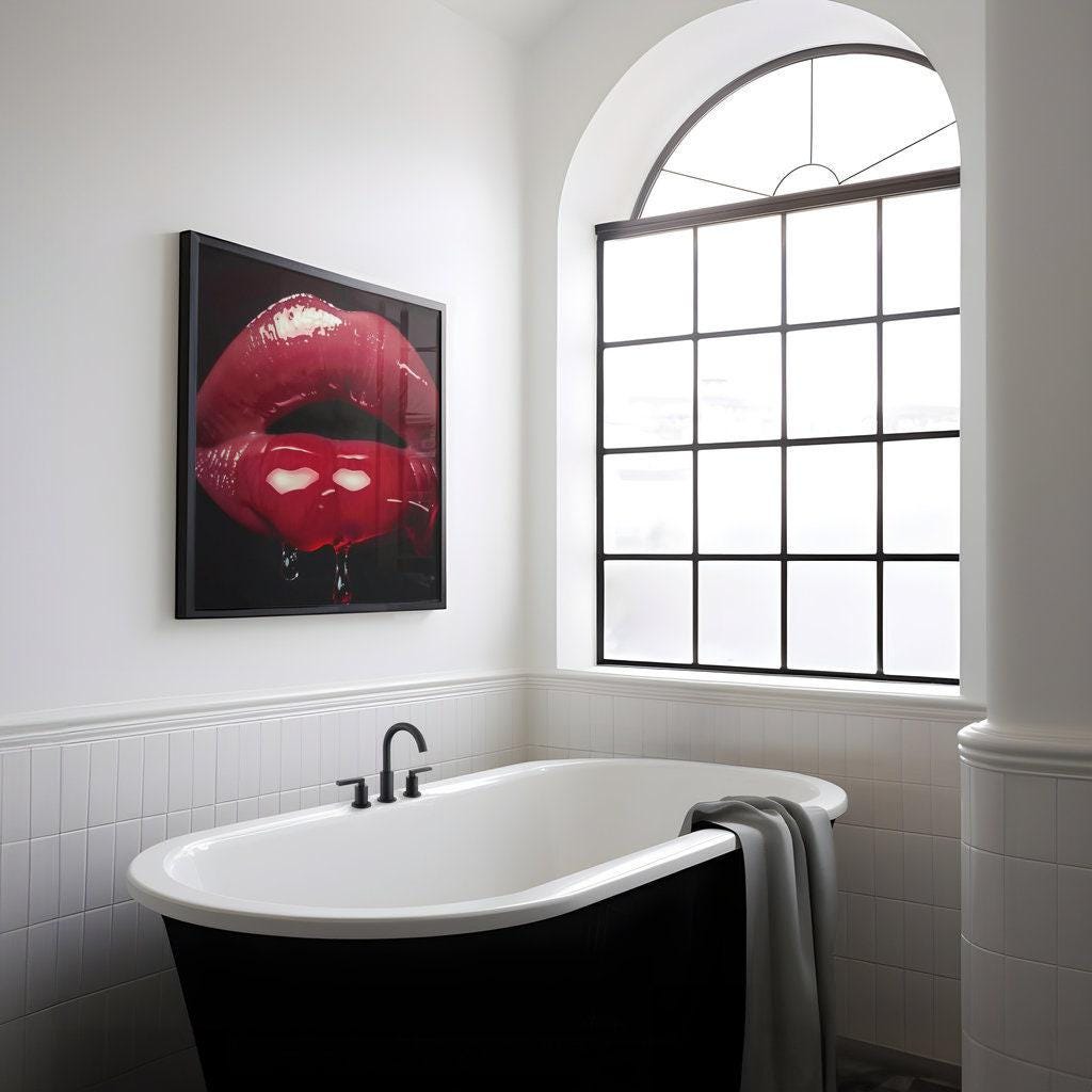 Crimson Whisper: Hyperrealistic Red Lips Art | Modern, Glamorous & Seductive Wall Decor