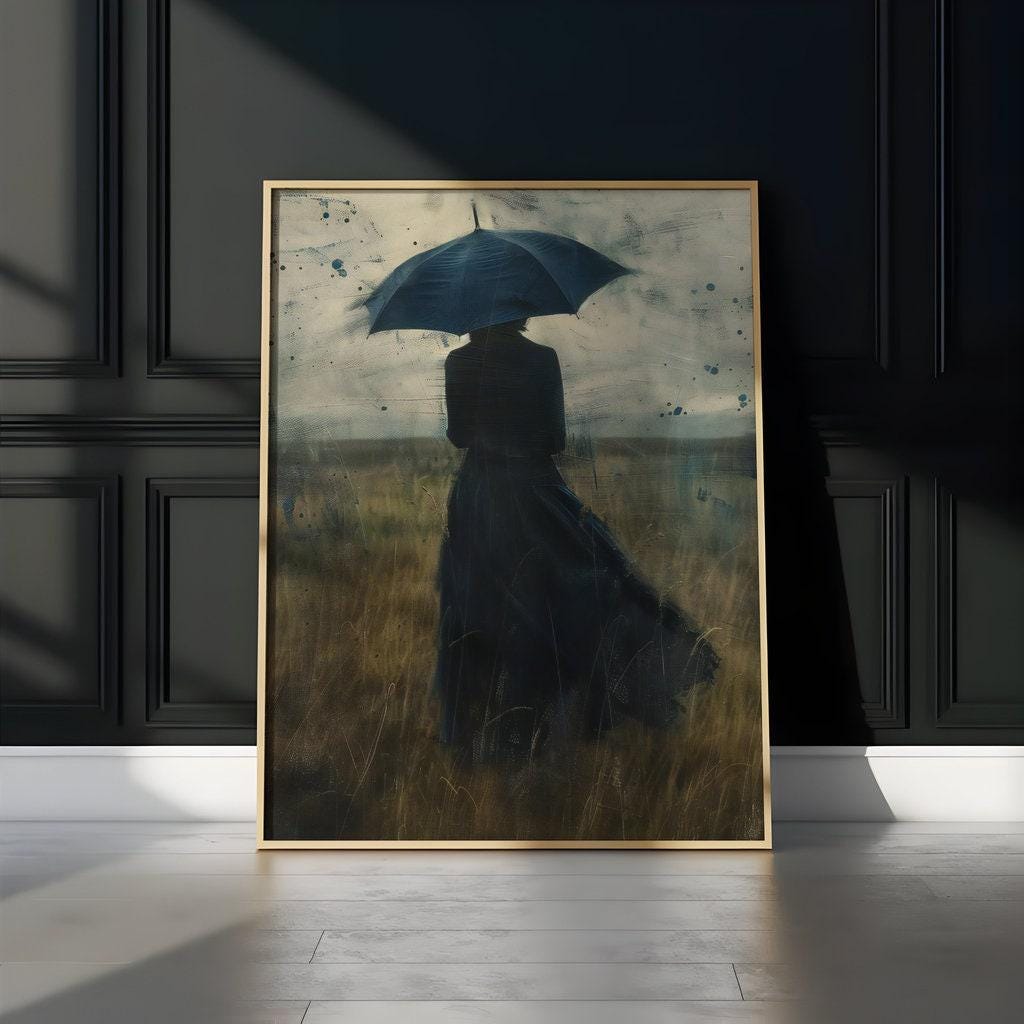 Melancholy Rain: Atmospheric Woman with Umbrella Canvas Art | Contemplative & Moody Wall Decor