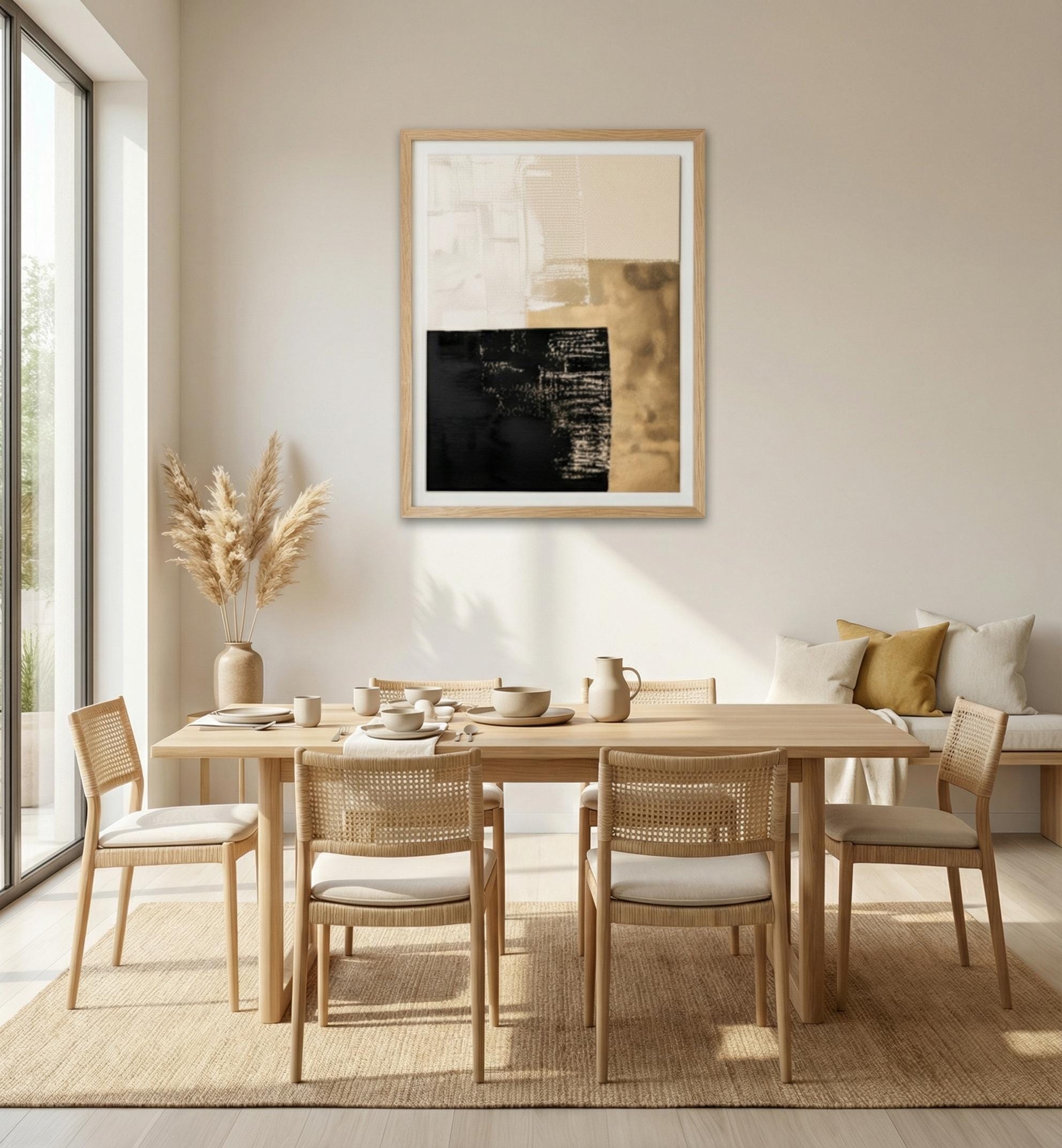 Abstract Canvas Art: Black, Gold, and Beige - Minimalist Decor