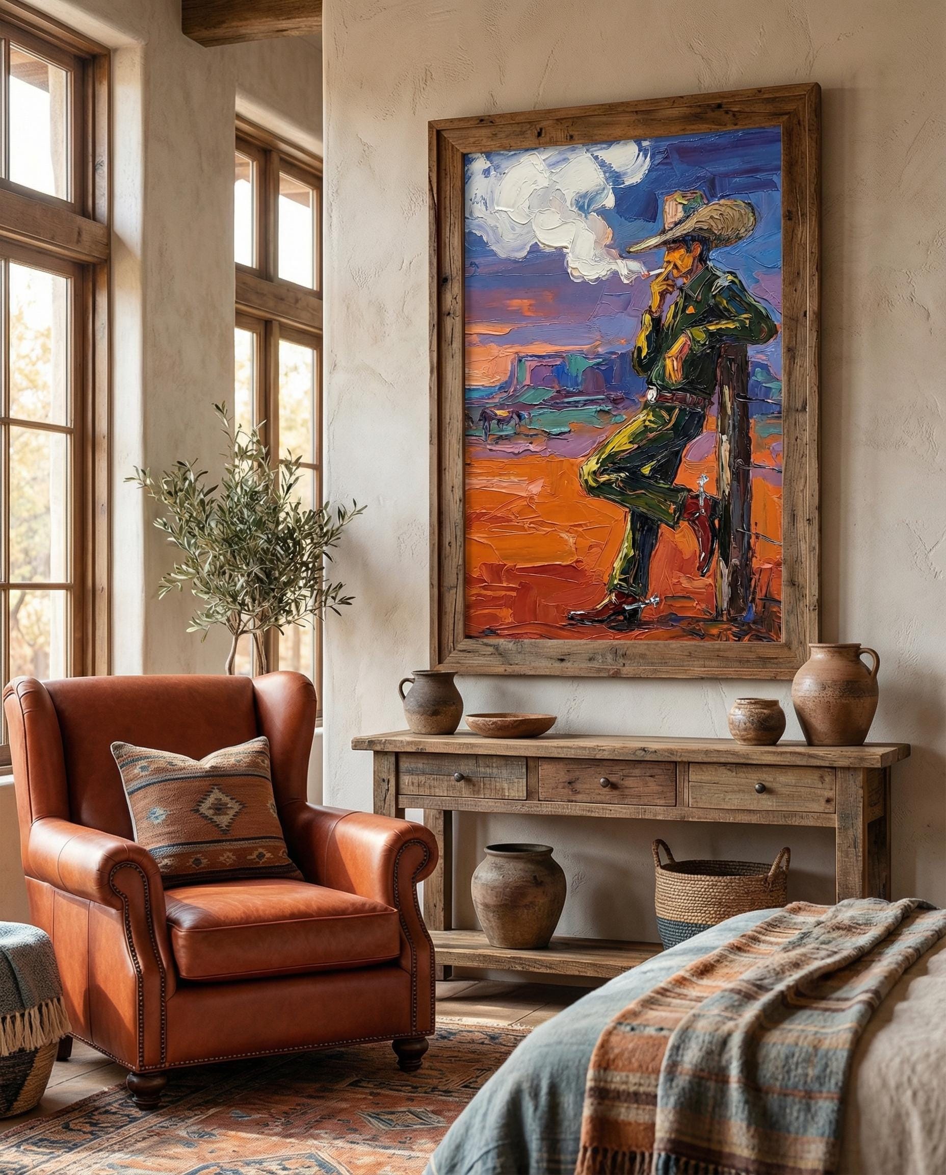 Cowboy Smoking Wall Art Print, Abstract Style (Canvas or Matte Paper)
