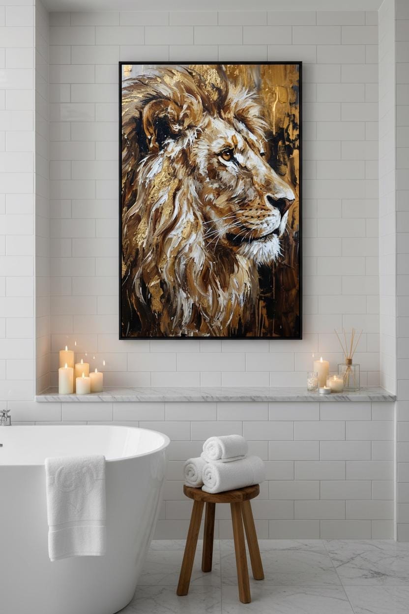 a large framed painting of a lion's head hanging on a white tiled wall above a white bathtub. The painting is surrounded by lit candles, creating a warm and inviting atmosphere.