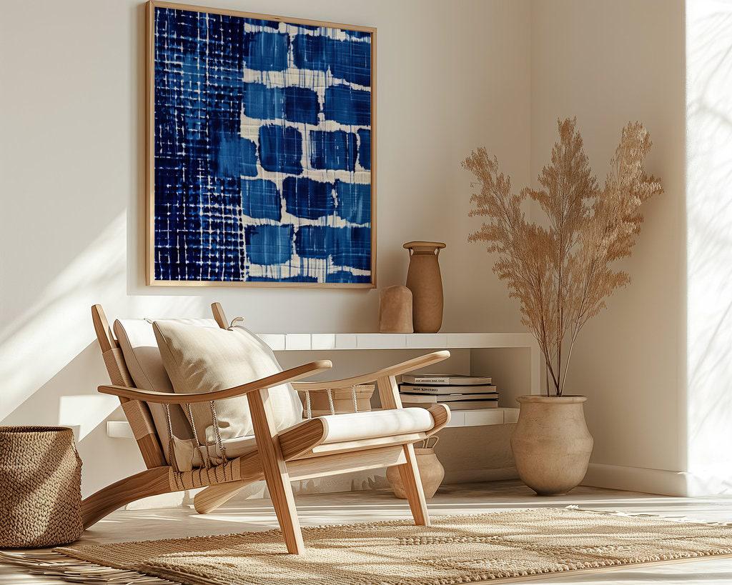 Serene Indigo Flow: Modern Shibori-Inspired Canvas Art | Blue and White Abstract Decor