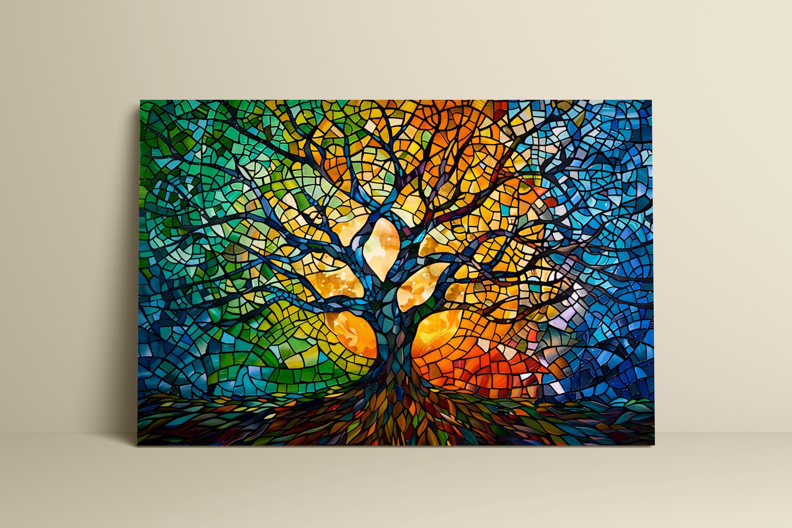 Abstract Mosaic Tree Wall Art - Bright Stained Glass Colors
