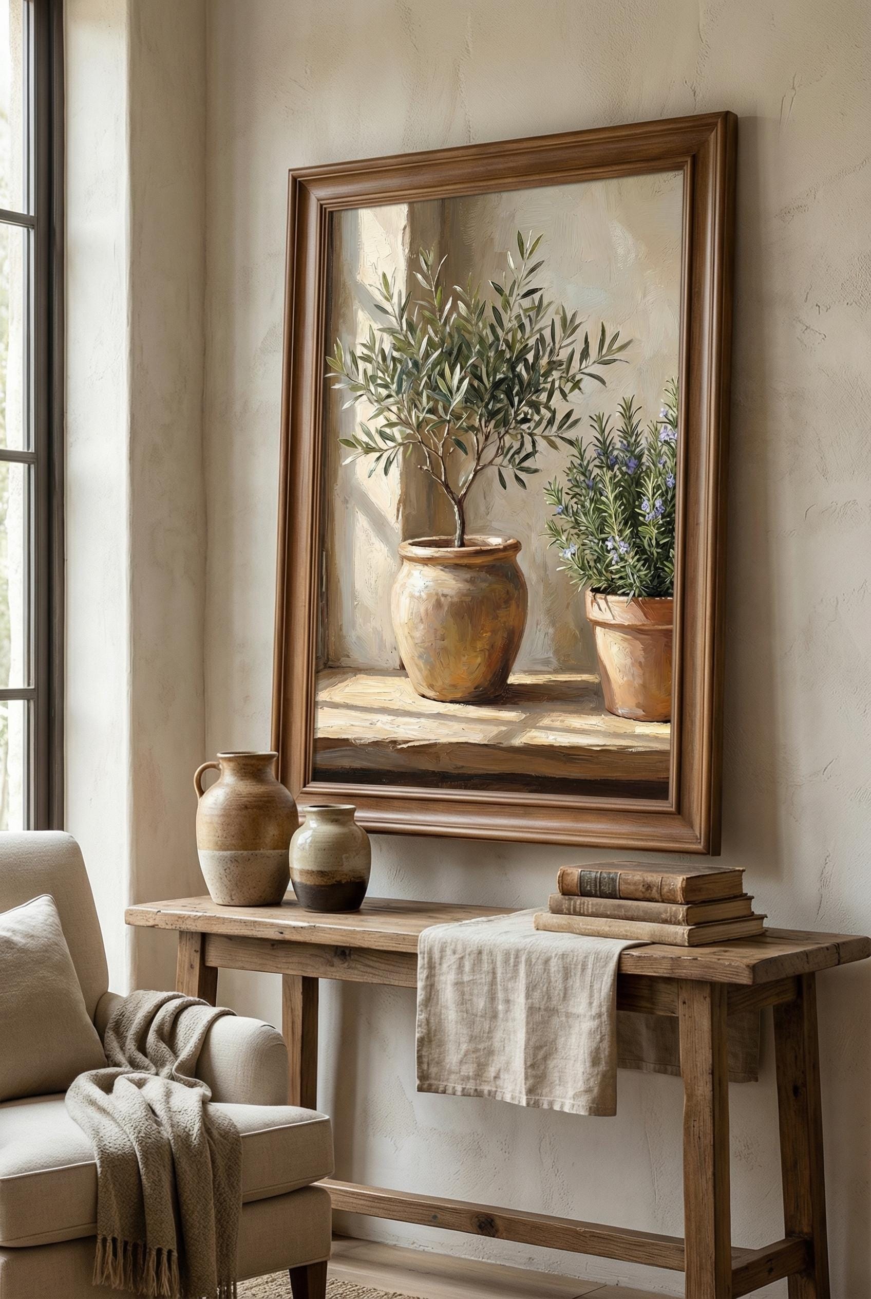 Olive Tree Art Print: Plants and Pots, Beige Tones
