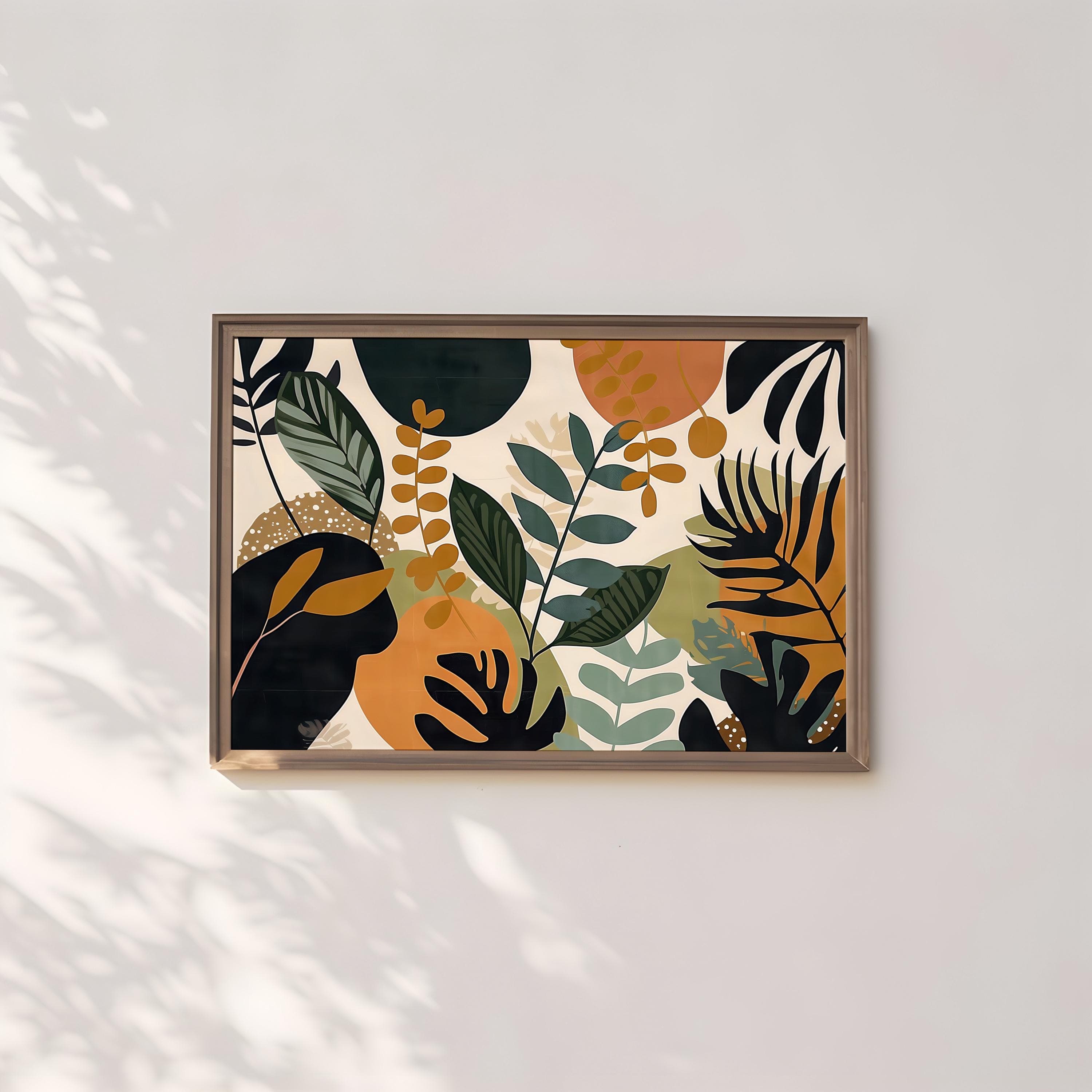 Boho Tropical Leaves Canvas, Mid-Century Modern Style (Ready to Hang)