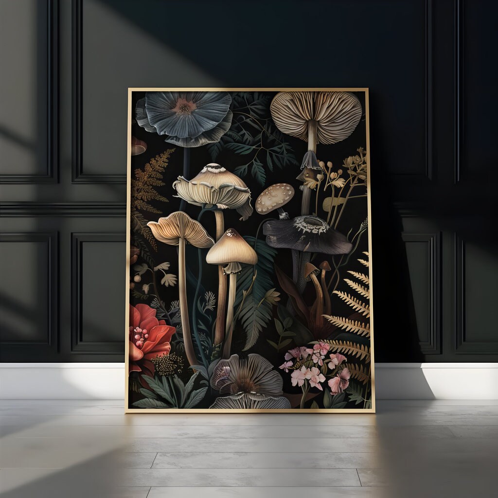 Enchanted Fungi: Dark Botanical Mushroom Art Print | Moody & Magical Forest Floor Decor