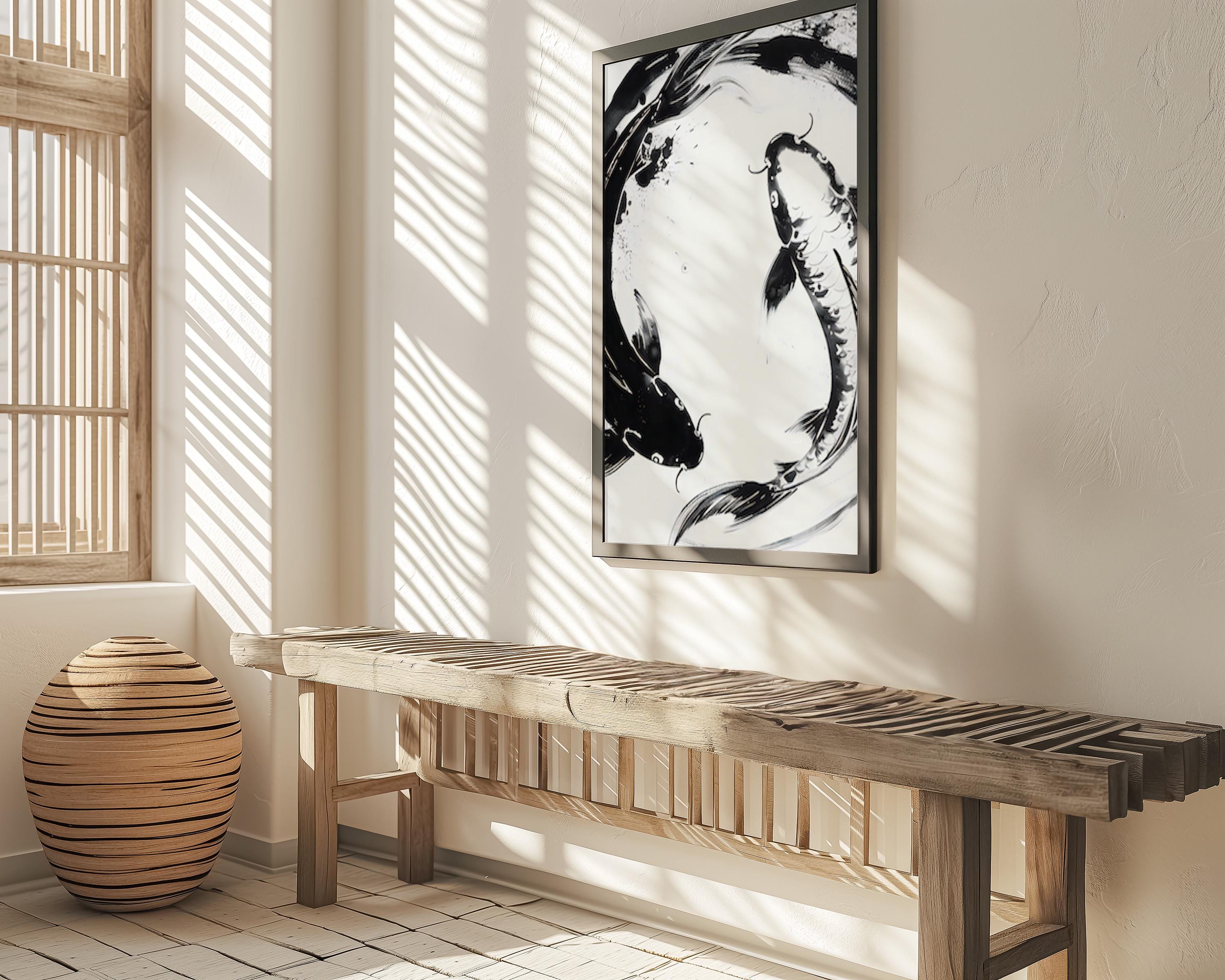 The Dance of Two: Abstract Black & White Koi Fish Art | Modern & Serene Wall Decor