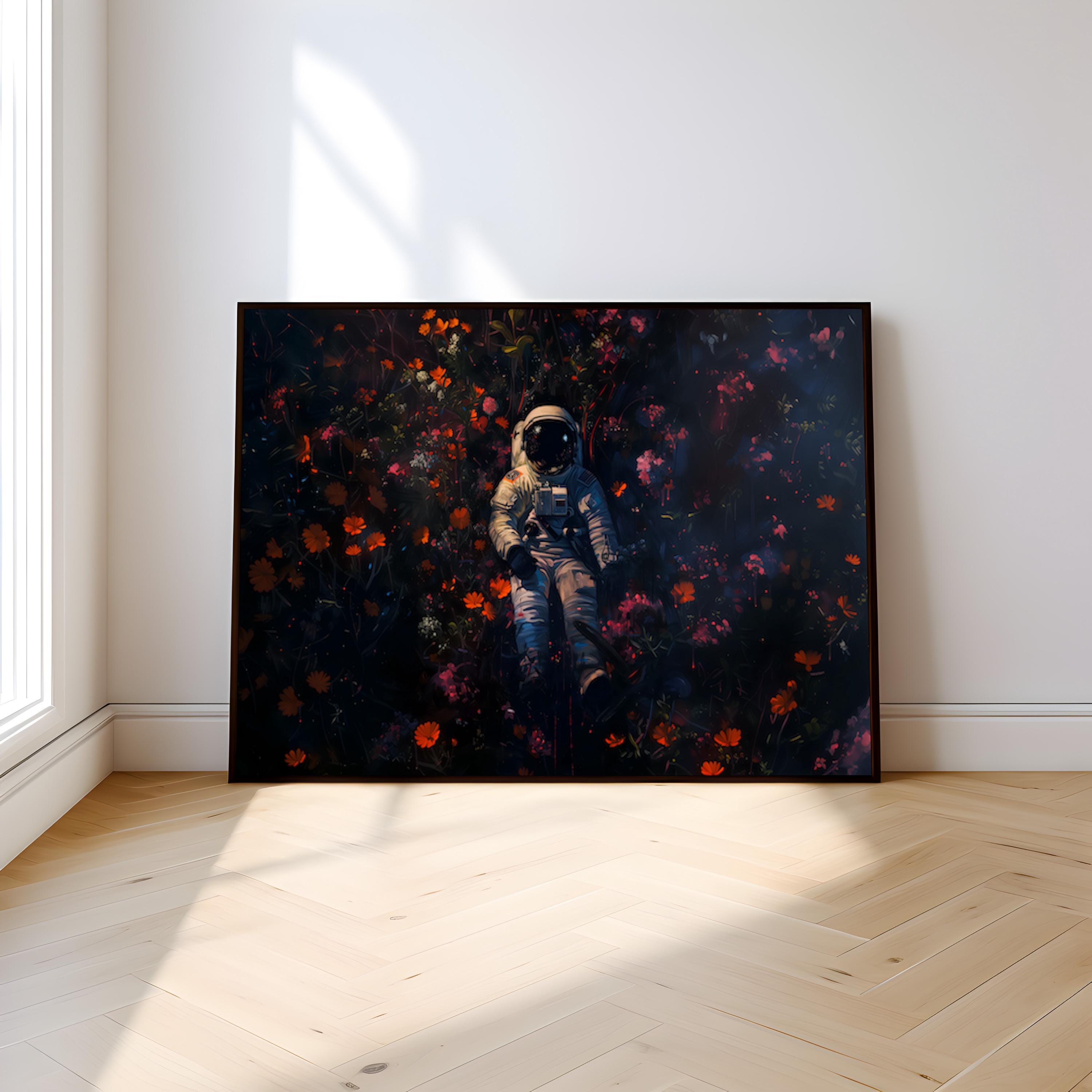 Floral Cosmos: Surreal Astronaut & Flowers Art | Whimsical Space and Nature Decor