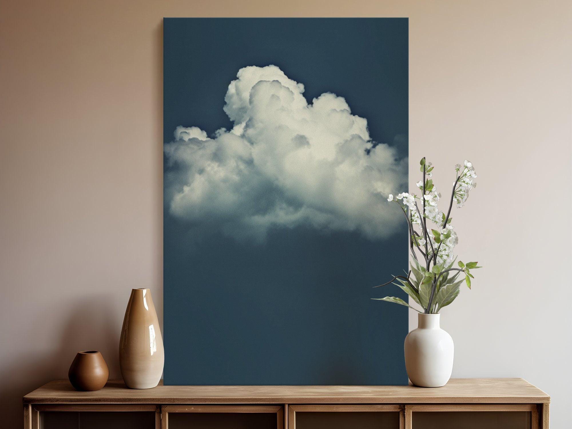 Moody Blue Sky Wall Art - Minimalist Solitary Cloud Print