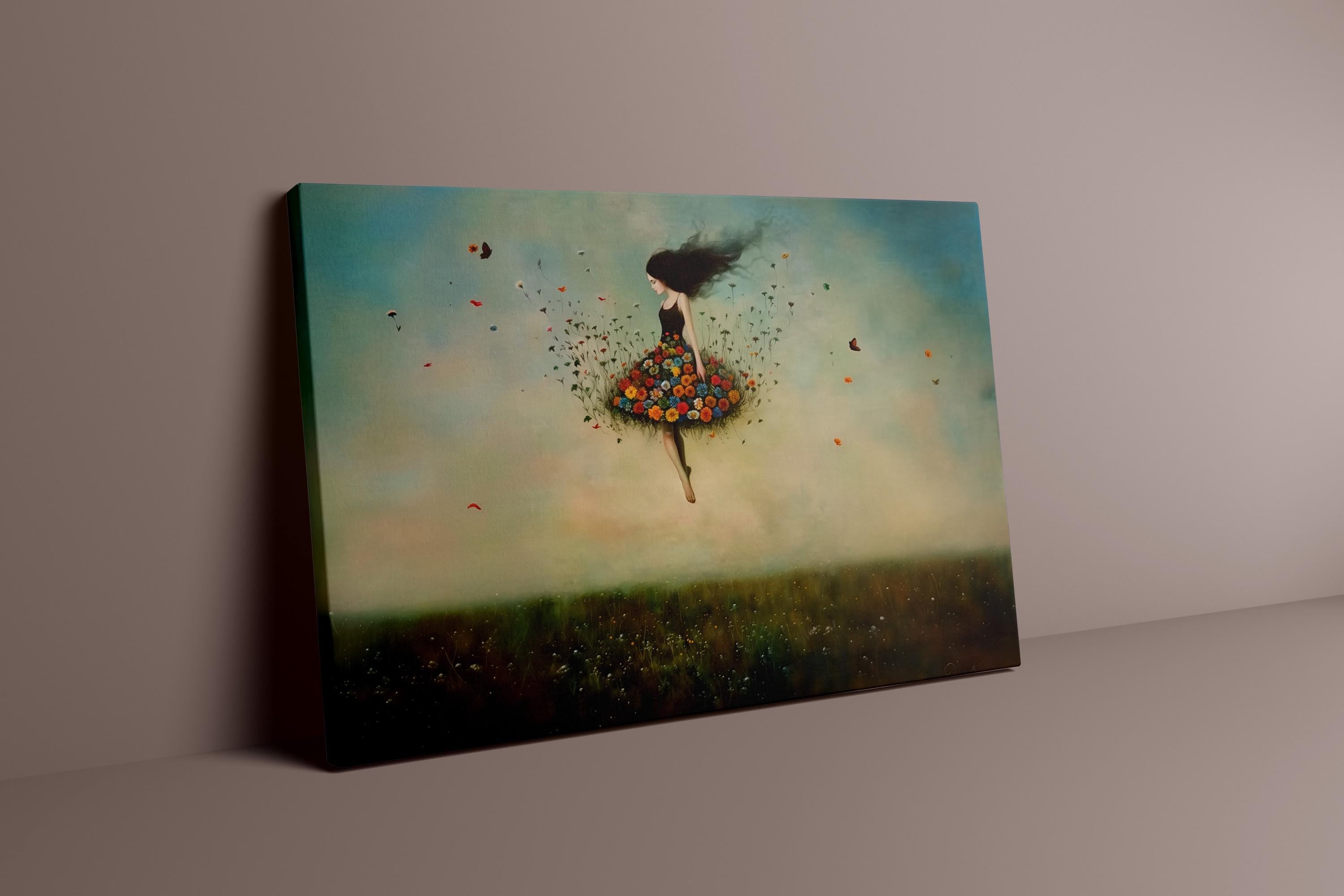 The Ascension: Surreal Woman Floating in a Vortex of Flowers | Fantastical & Ethereal Wall Art