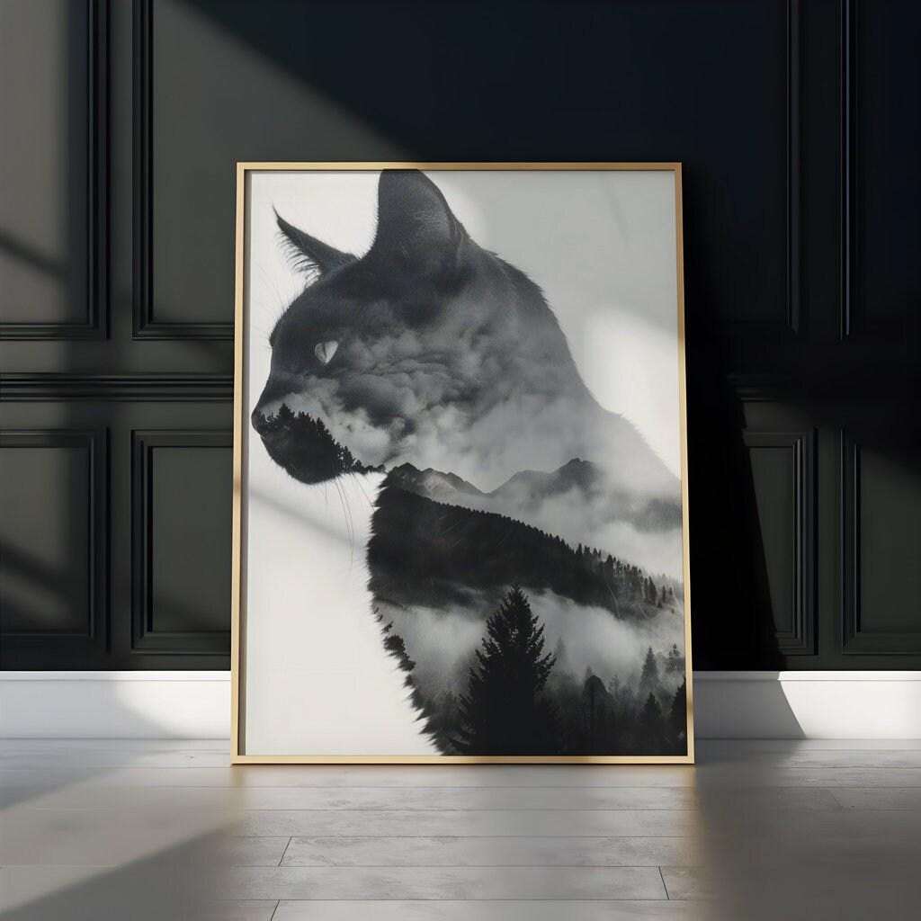 Spirit of the Wild: Surreal Cat & Mountain Double Exposure Art | Ethereal Black & White Decor