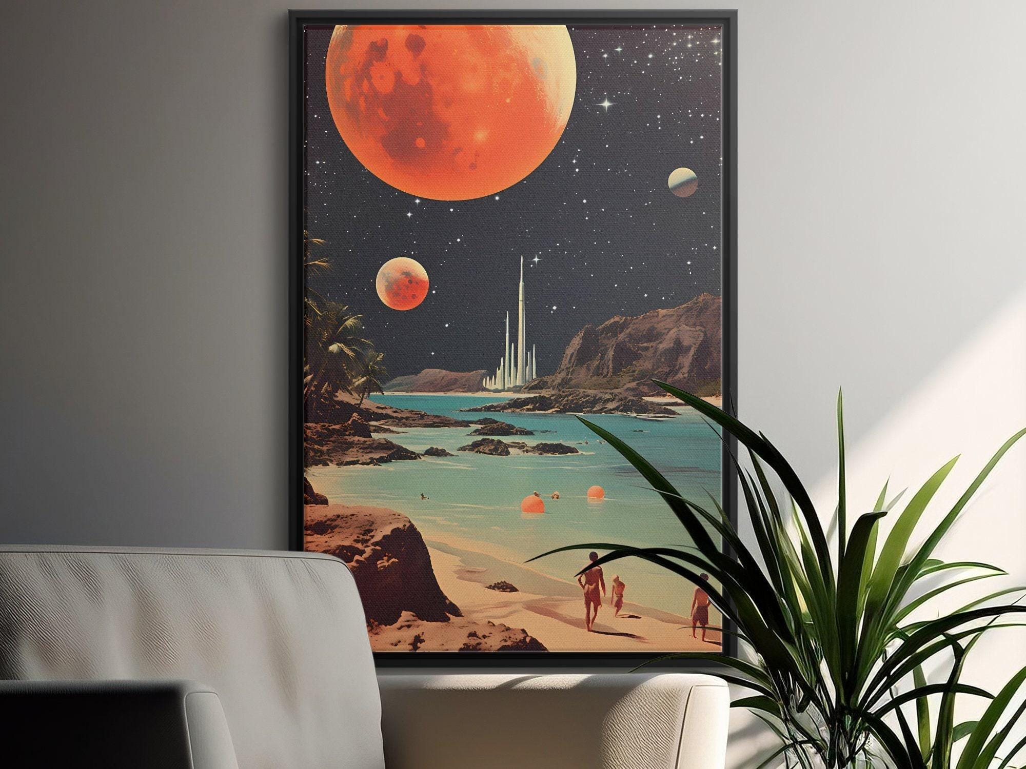 Space Beach Print: Sci-Fi Retro Art - Tranquil, Soft Hues