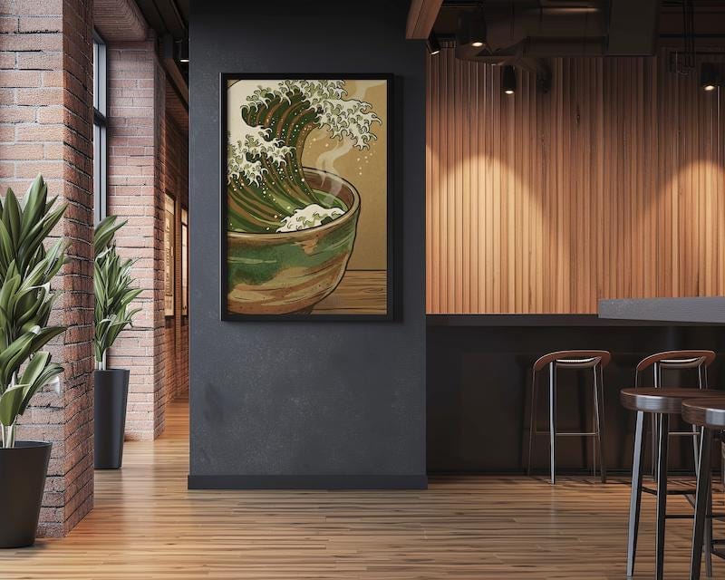 Great Wave Tea Cup Art - Surreal Matcha Print in Sea Foam Green