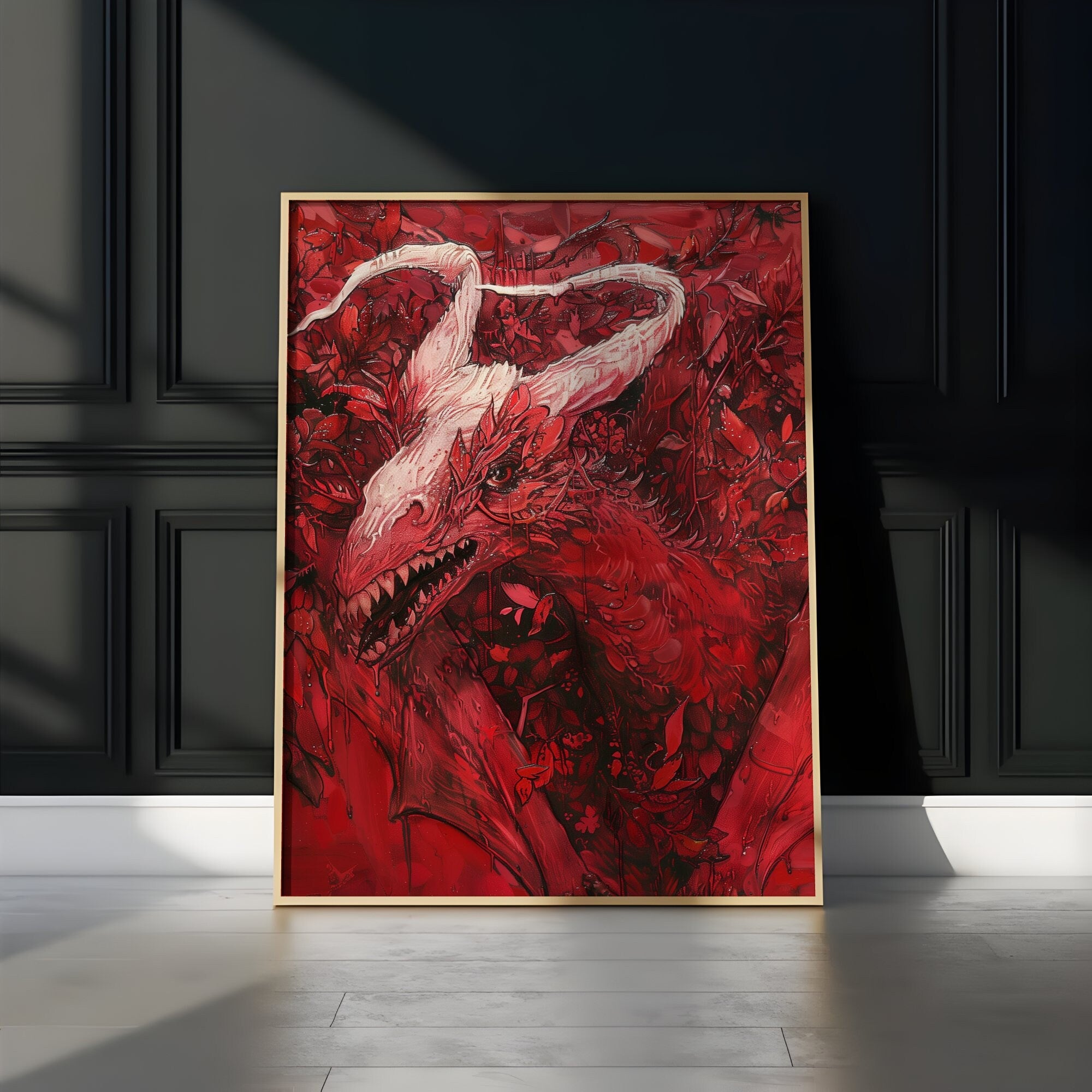 The Crimson Chimera: Red Mystical Creature Art | Dark Fantasy & Mythical Wall Decor