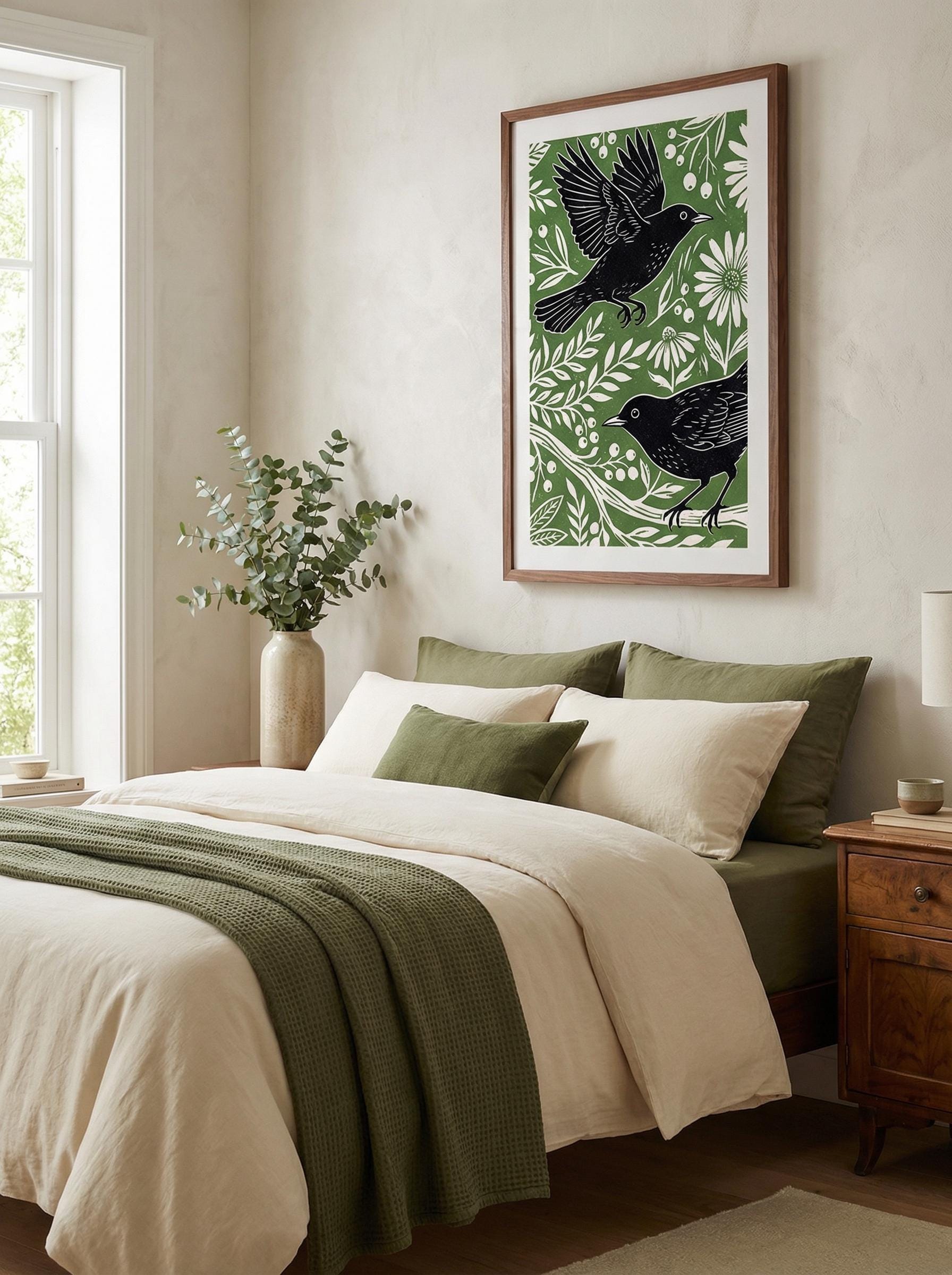 Black Birds Wall Art Print: Green Minimalist Home Decor