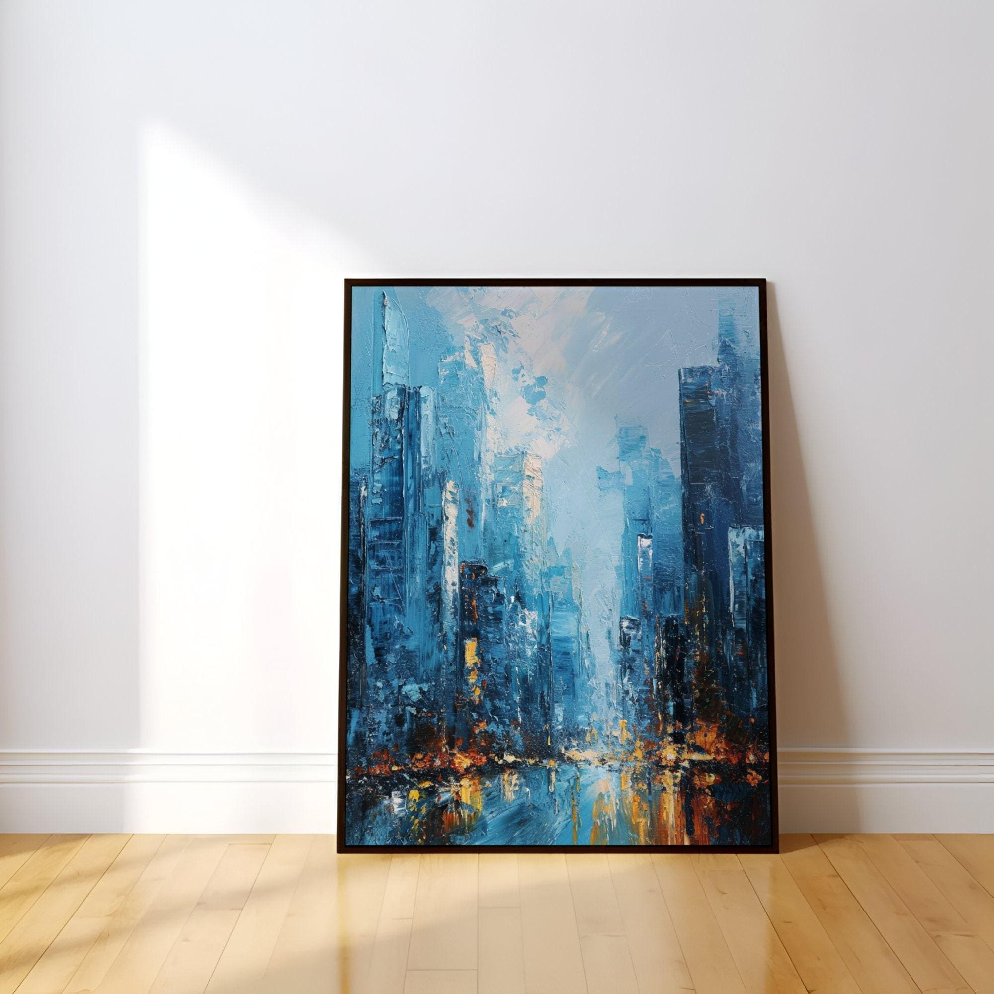 City of Memory: Abstract Impressionist Cityscape | Blue & Gold Urban Wall Art