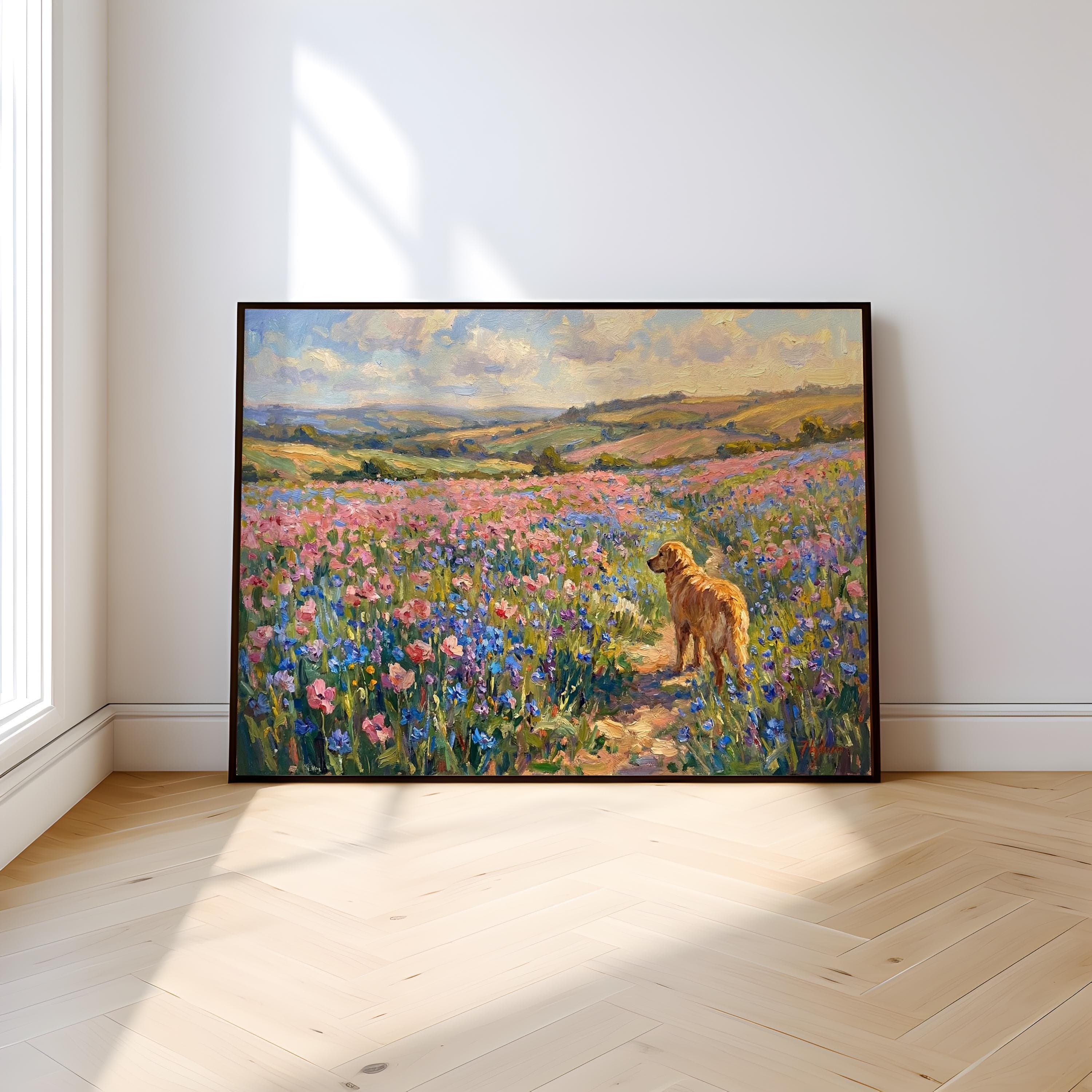 Golden Retriever Dog Art, Wildflower Field, Spring Colors (Canvas or Print)