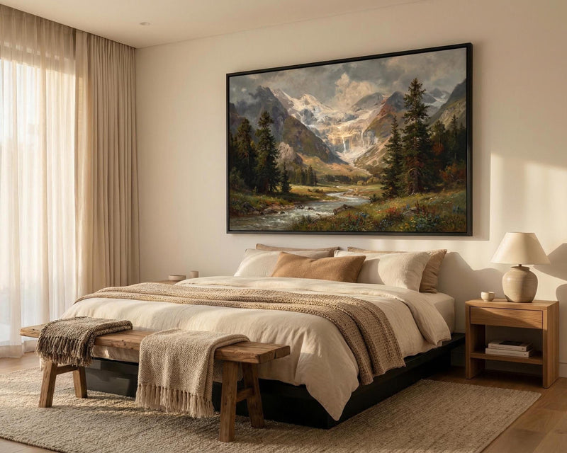 Vintage Alpine Mountain Landscape Painting Snowy Peak River Wildflower Art Rustic Cabin Wall Decor