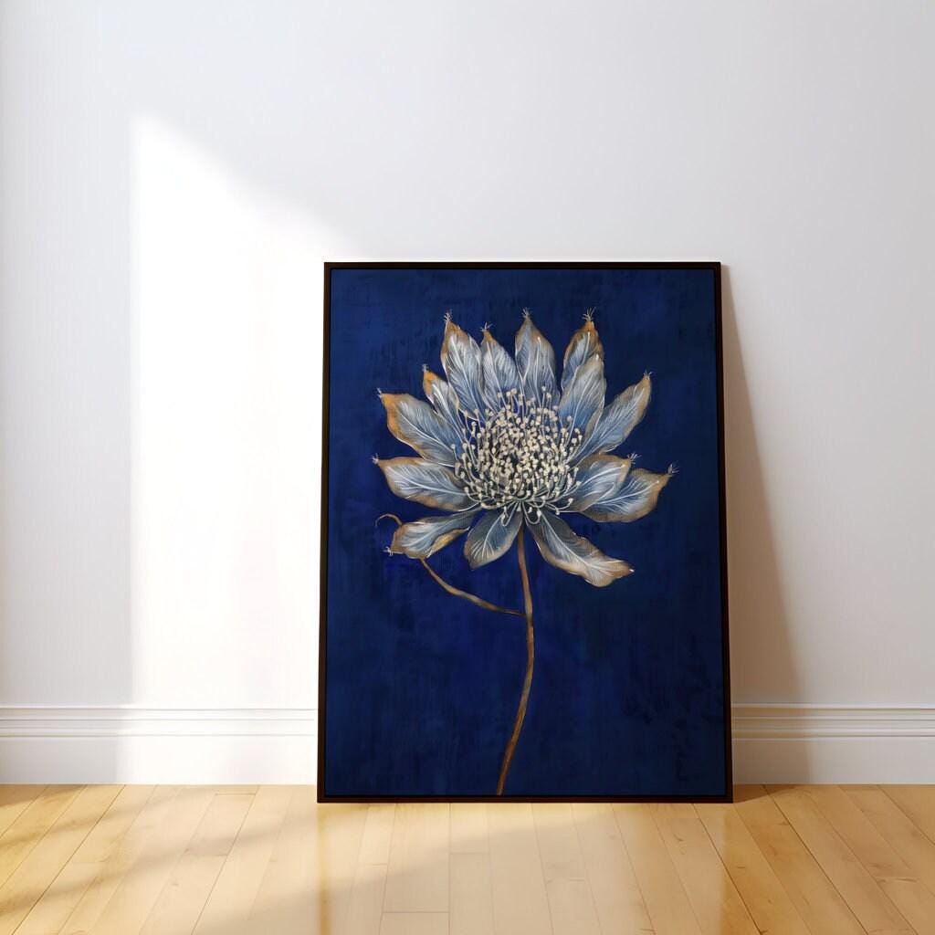 Modern Minimalist Flower: Elegant Gray & White Botanical Art | Deep Blue Wall Decor