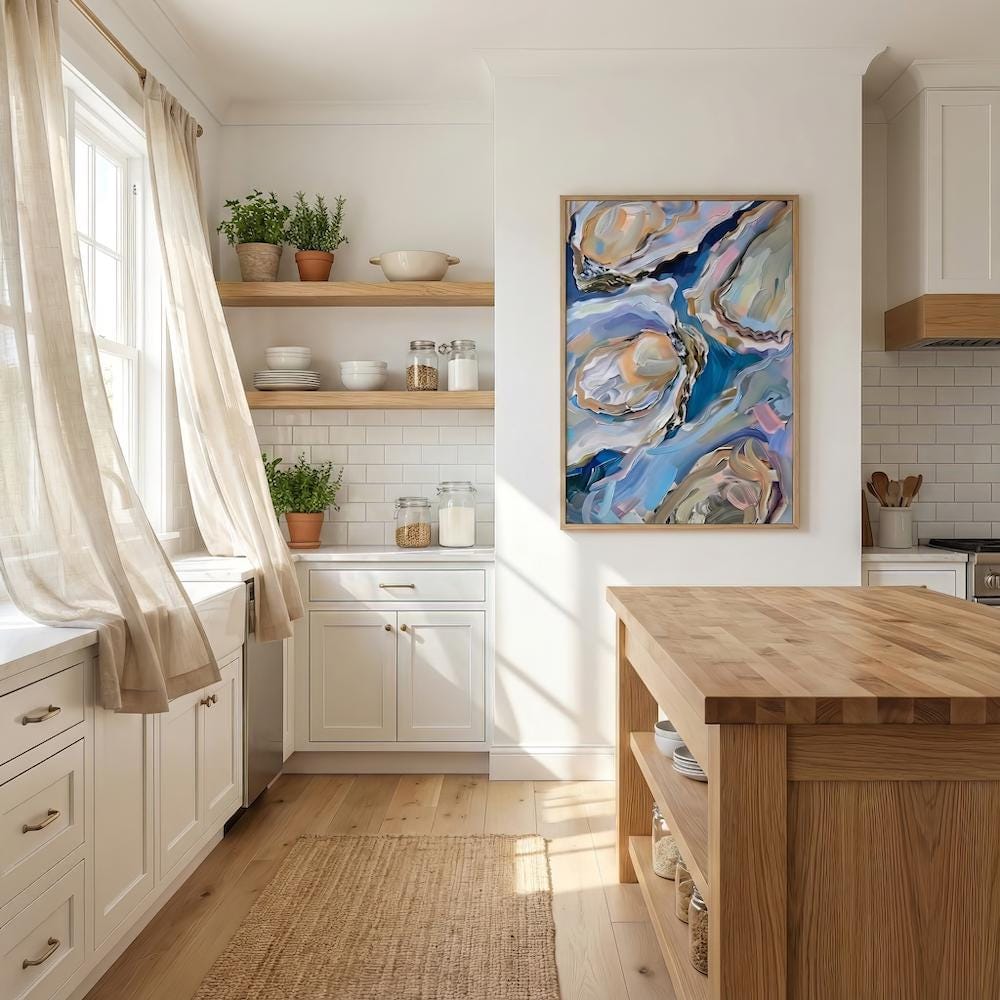 Oyster Delight Coastal Painting, Vibrant Blue (Canvas or Matte Print)