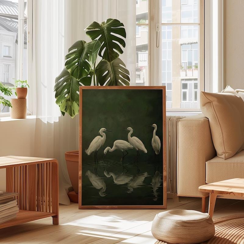 Nature Canvas Art, White Egret and Heron, Moody Green Swamp (Framed or Rolled)