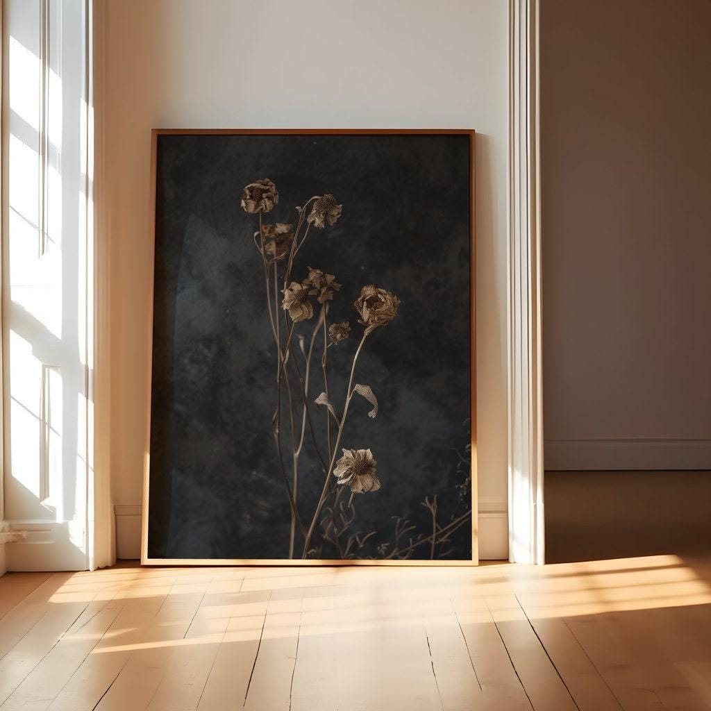 Dark Moody Wildflower Art: Vintage Botanical Print on Canvas