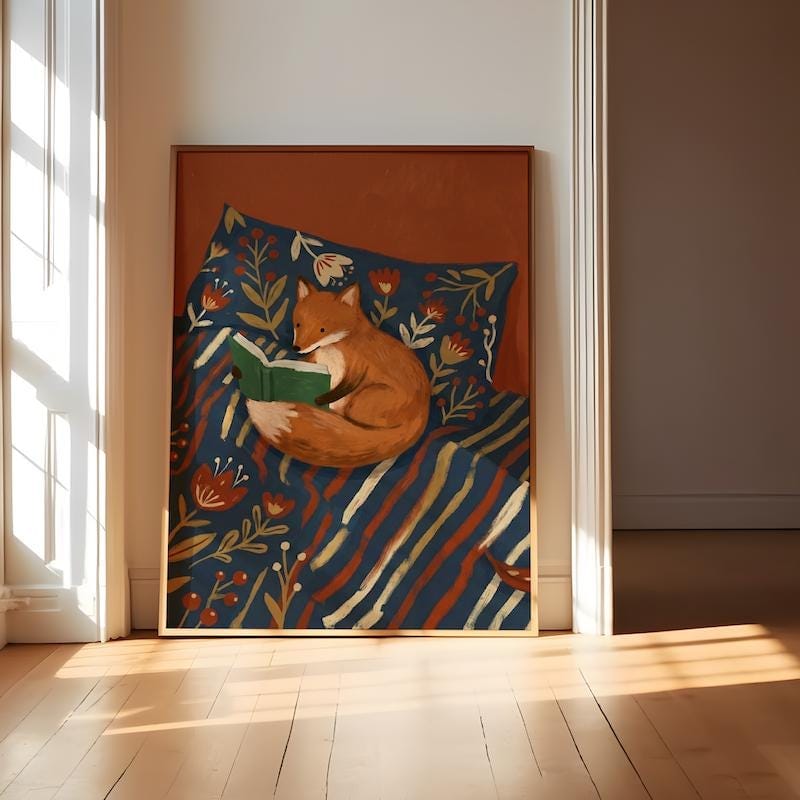 Fox Reading Illustration: Woodland Animal Art (Canvas or Print)