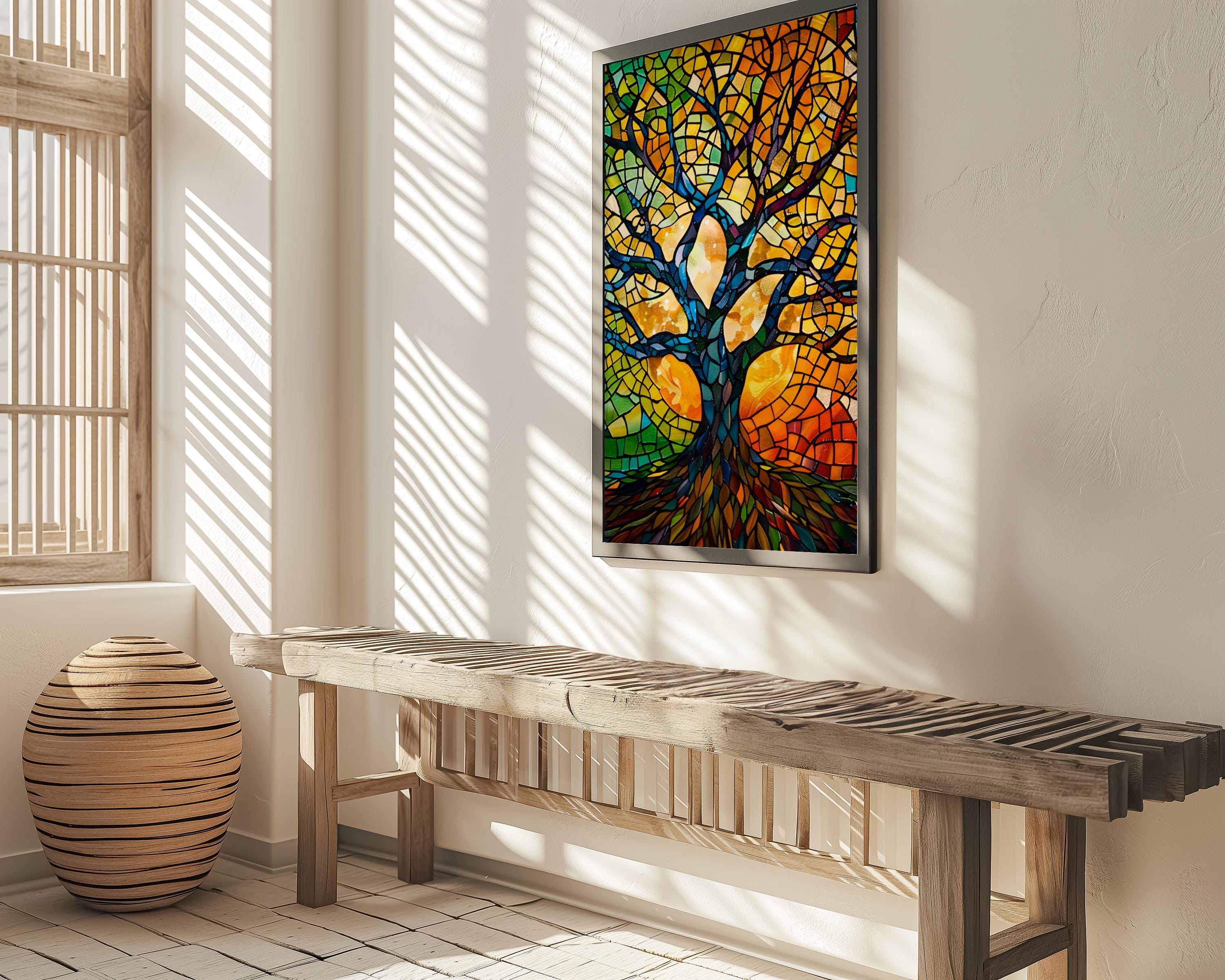 Abstract Mosaic Tree Wall Art - Bright Stained Glass Colors