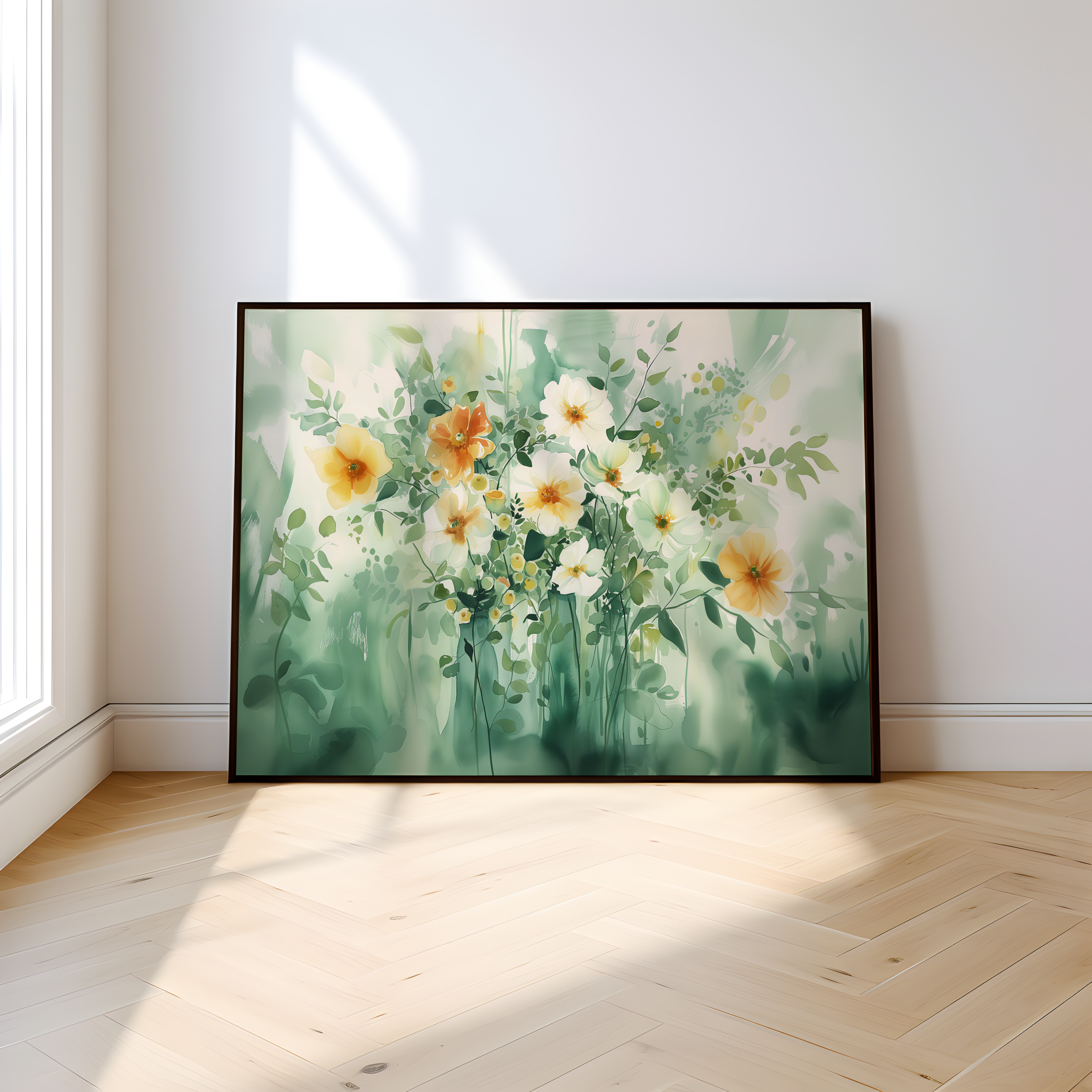 Verdant Bloom: Green & White Abstract Floral Watercolor | Serene & Elegant Botanical Wall Art