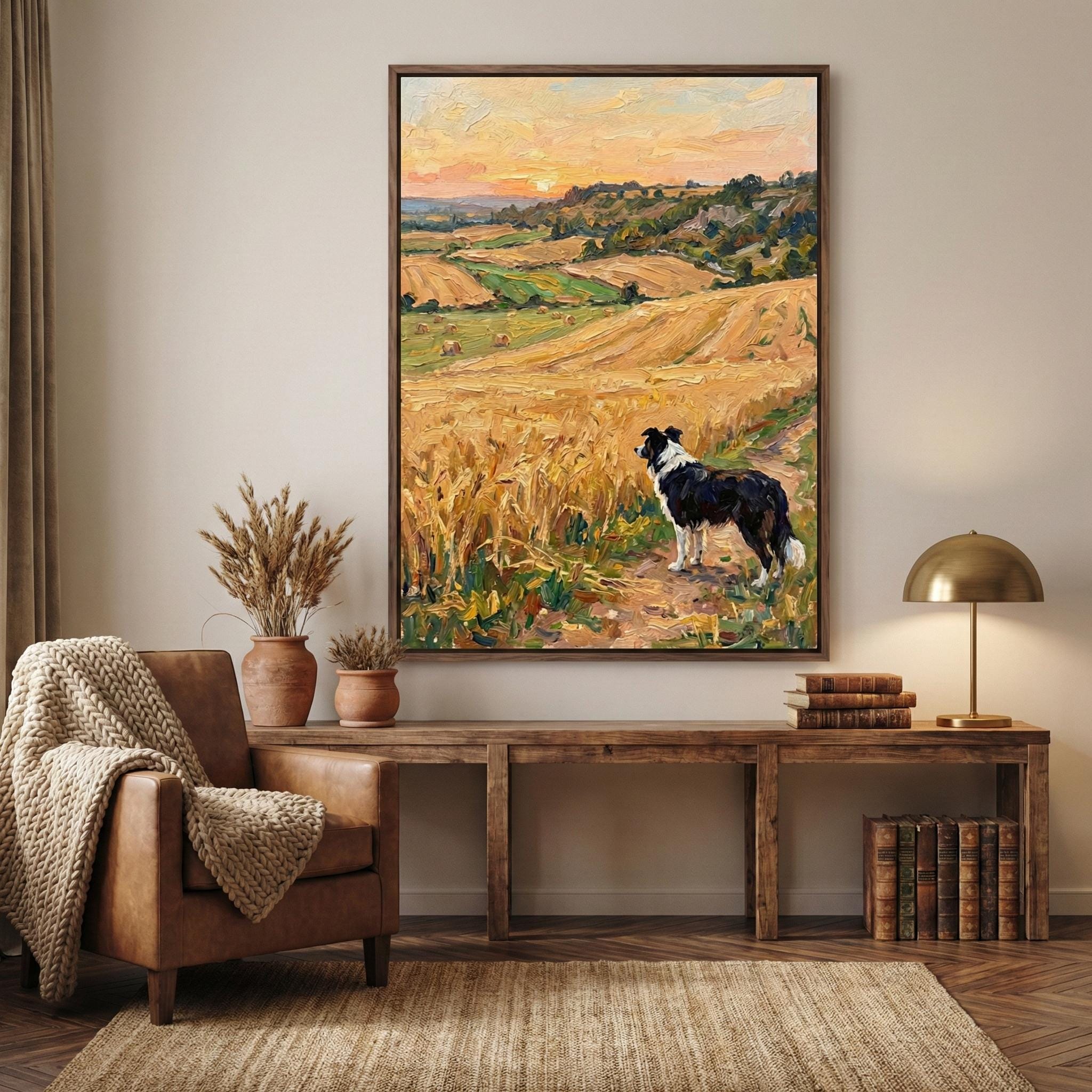 Rustic Border Collie Wall Art - Golden Wheat Field Scene
