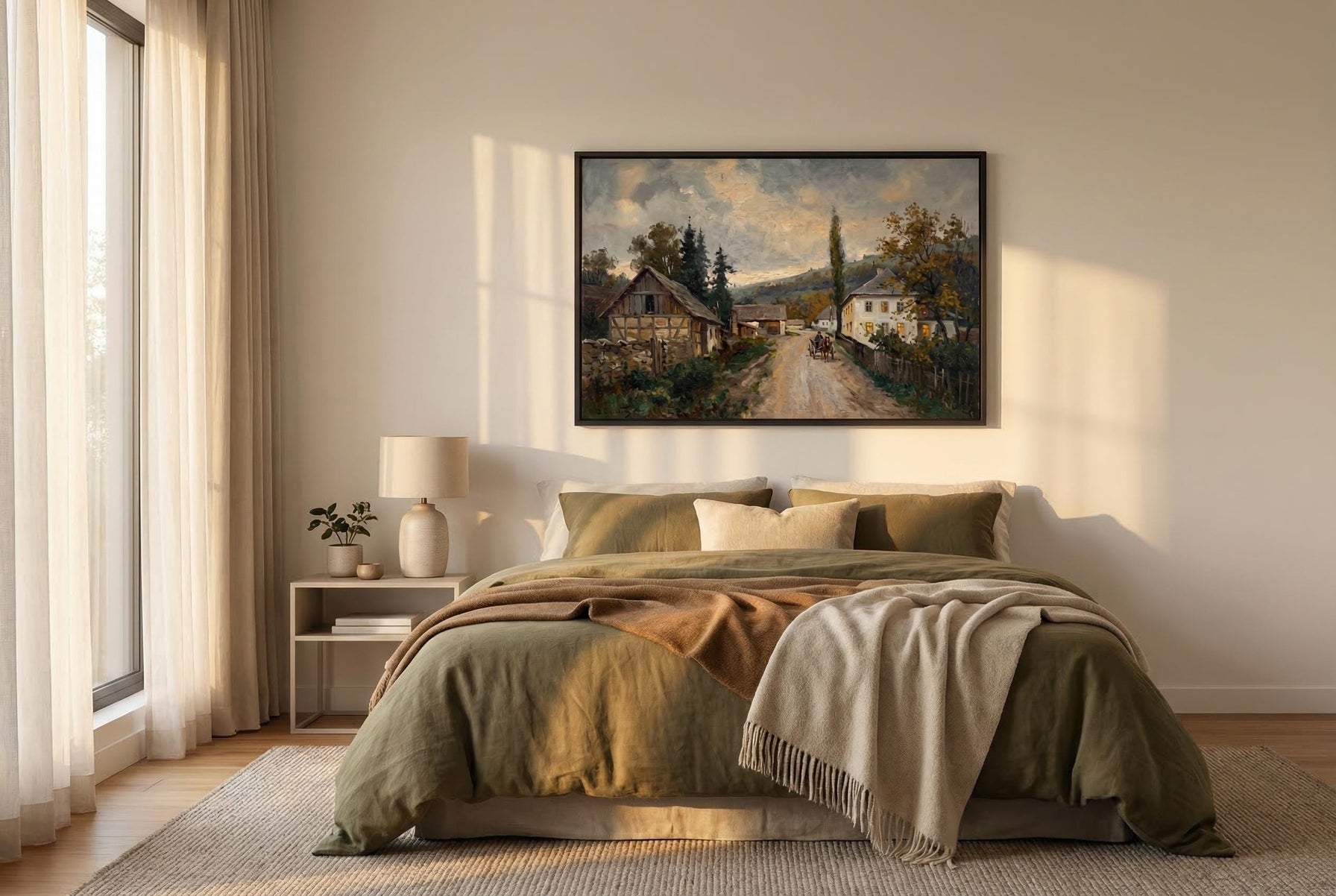 Vintage Country Village Painting Rustic Farmhouse Landscape Print Old World Street Scene Wall Art