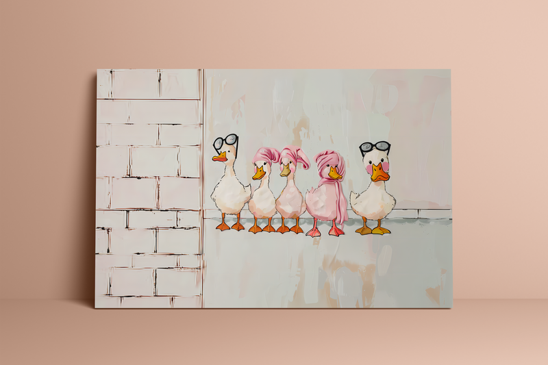 Whimsical Duck Art - Cute Pink Bathroom Wall Decor | Playful Canvas & Matte Poster